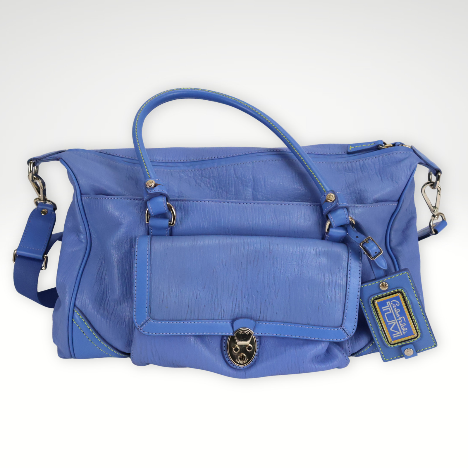 TUMI x Carlos Falchi Blue Leather Satchel Shoulder Travel Bag w/ Strap RARE