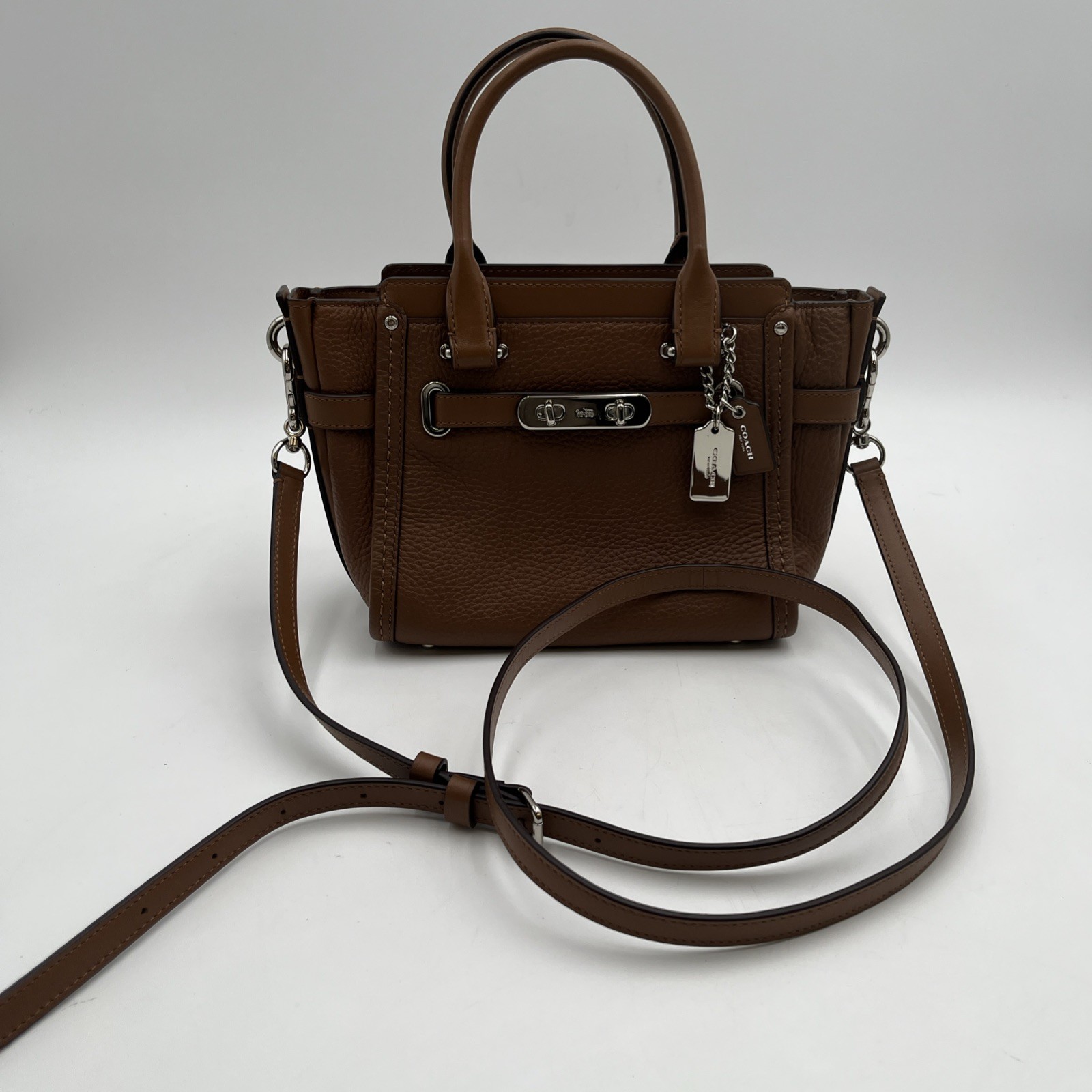 Coach ‘Swagger’ 27 Brown Pebbled Leather Satchel Crossbody Handbag Purse