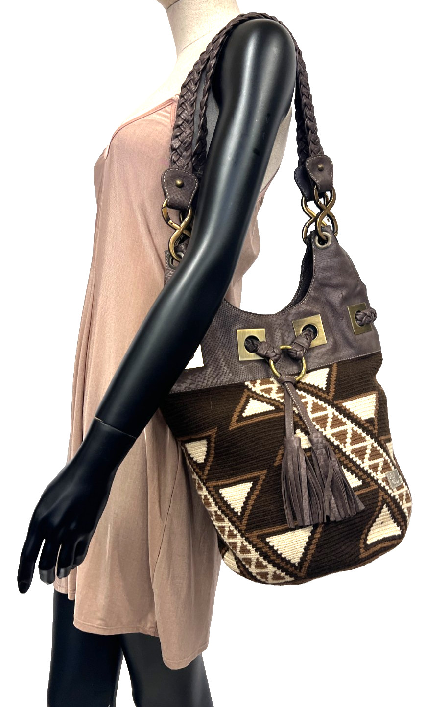 Di Sout Vintage Large Wool & Leather Tribal Geometric Shoulder Bag Boho Brown