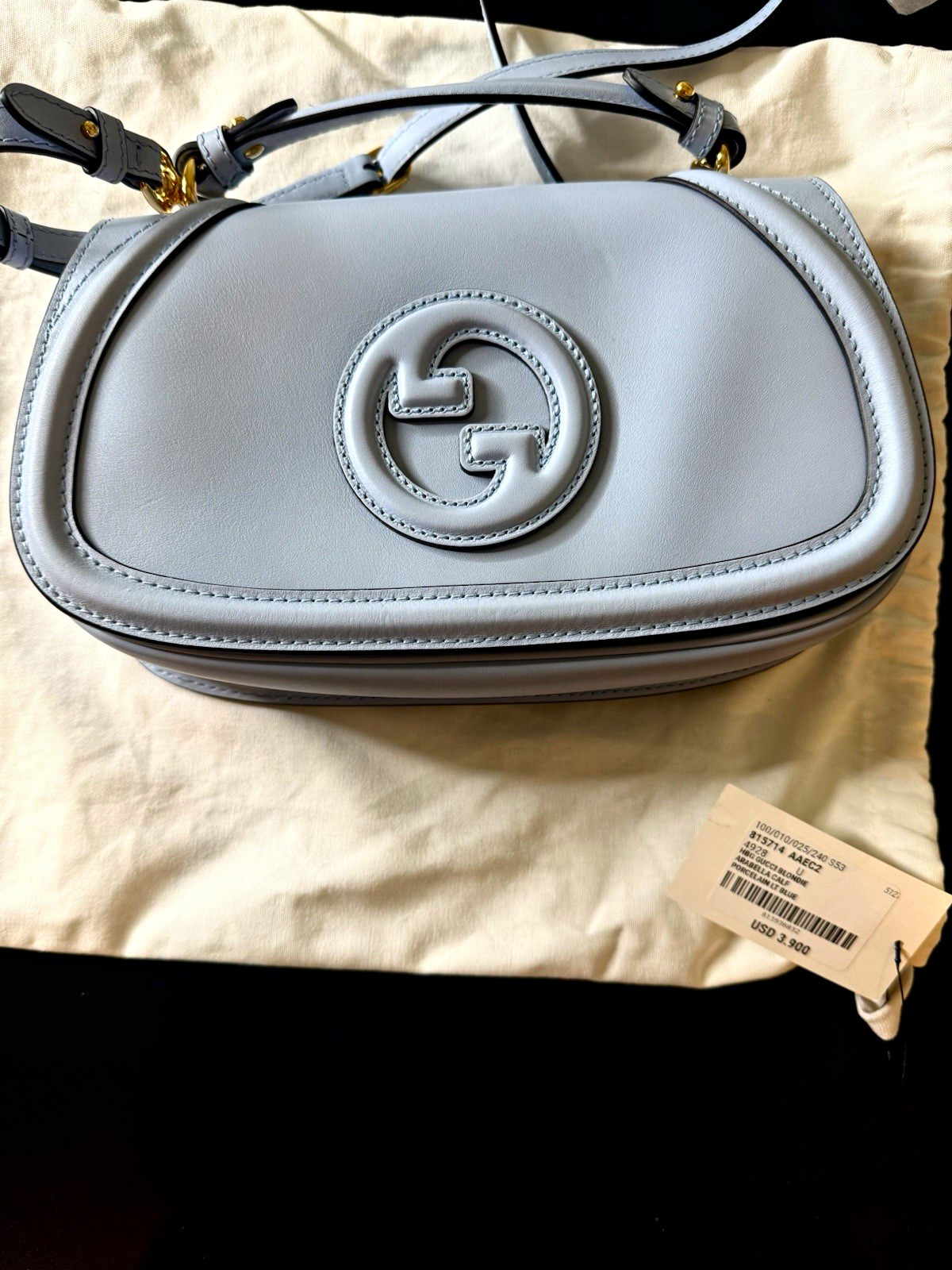 Gucci Light Blue Crossbody Bag Gold Hardware Adjustable Strap Dust Bag Cards