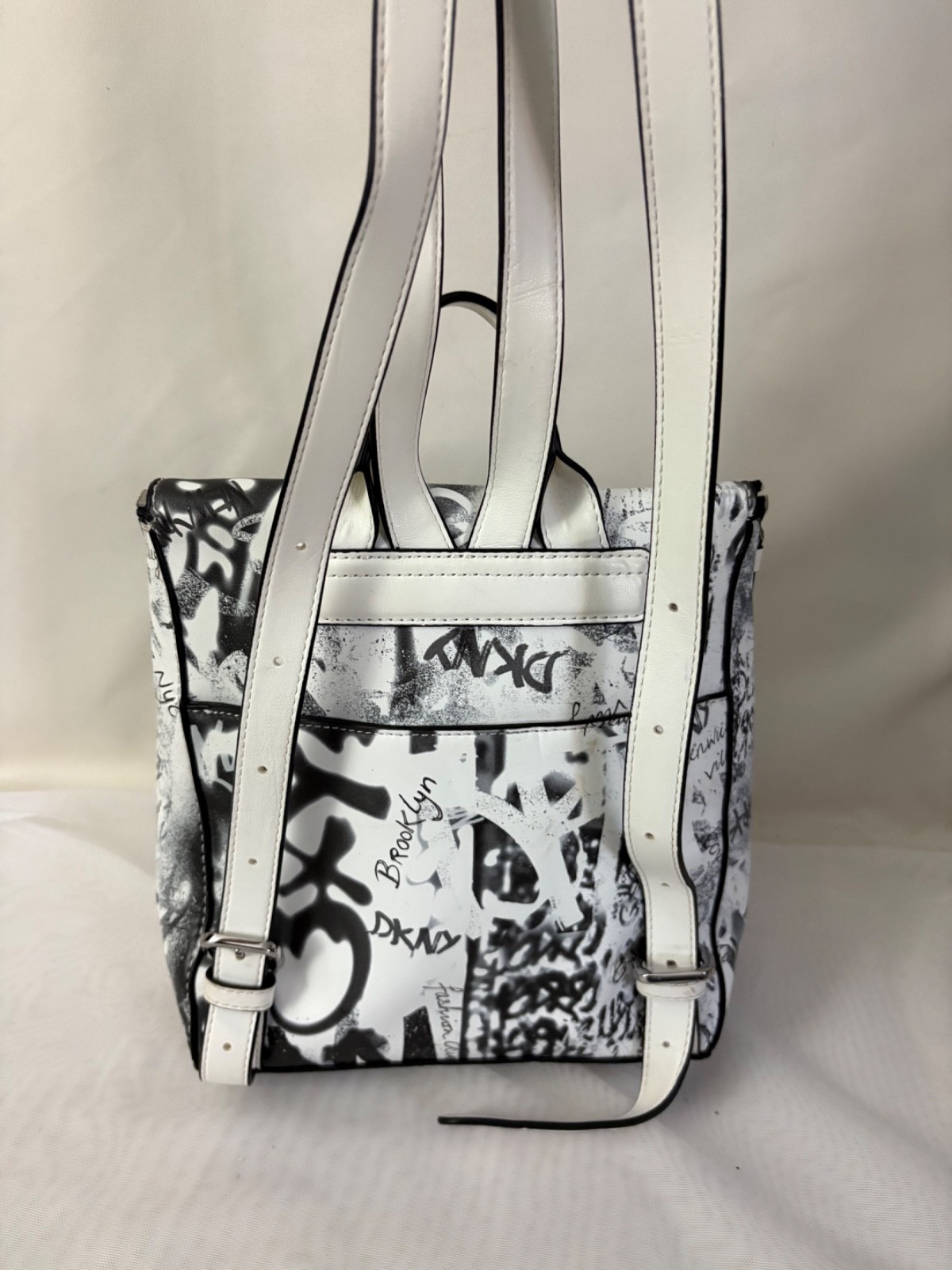 DKNY Graffiti Backpack Black White Zip Around Top Handle 100% PU Streetwear Punk