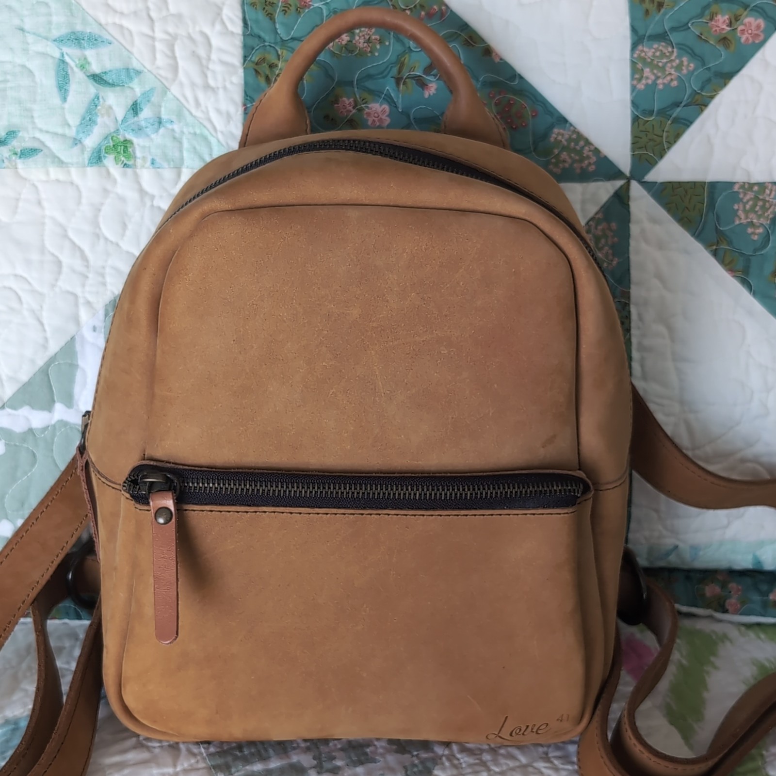 Love 41 Mini Backpack Tobacco Leather Zip Closure Adjustable Straps