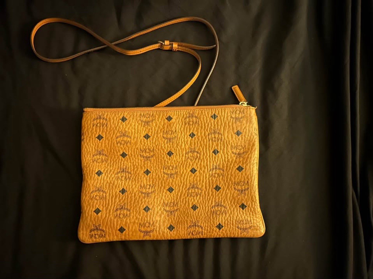 MCM Visetos Monogram Cognac Zip Crossbody Pouch w/ Adjustable Detachable Strap