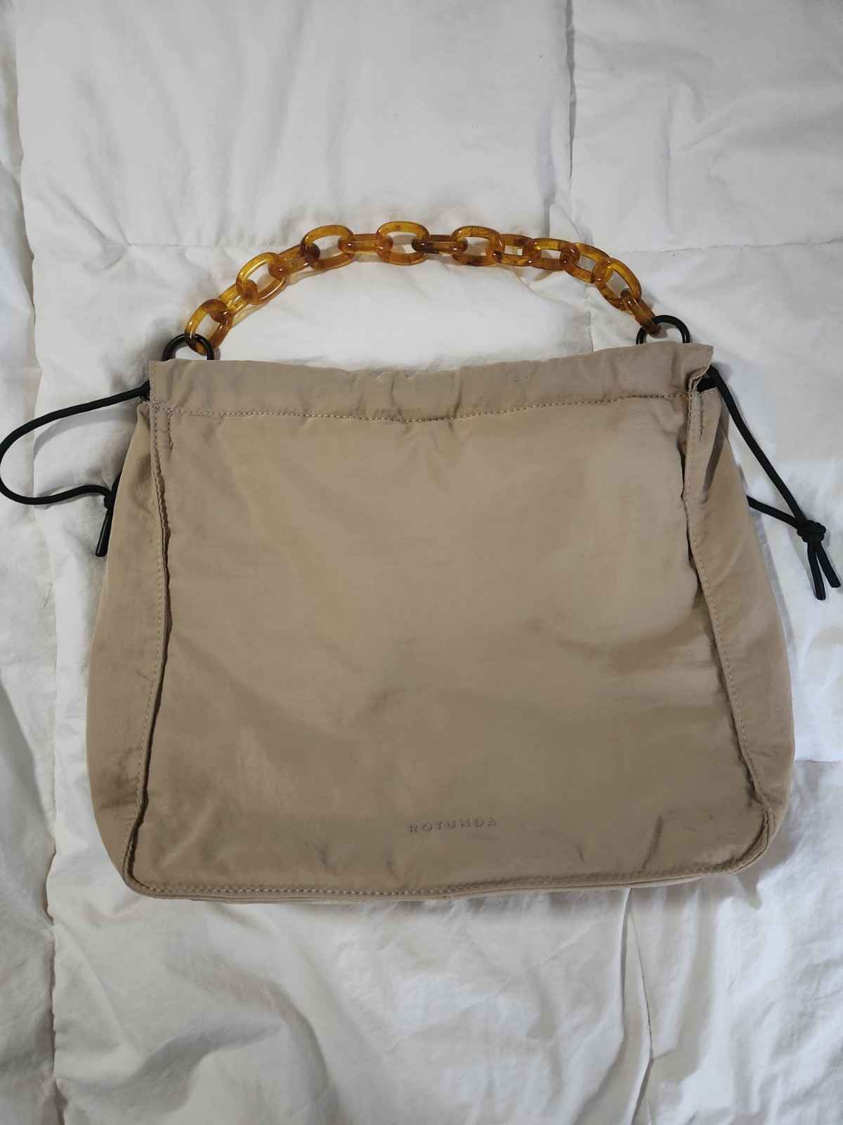 ROTUNDA Sant Hobo Bag Beige Nylon Chain Strap Drawstring Tote READ