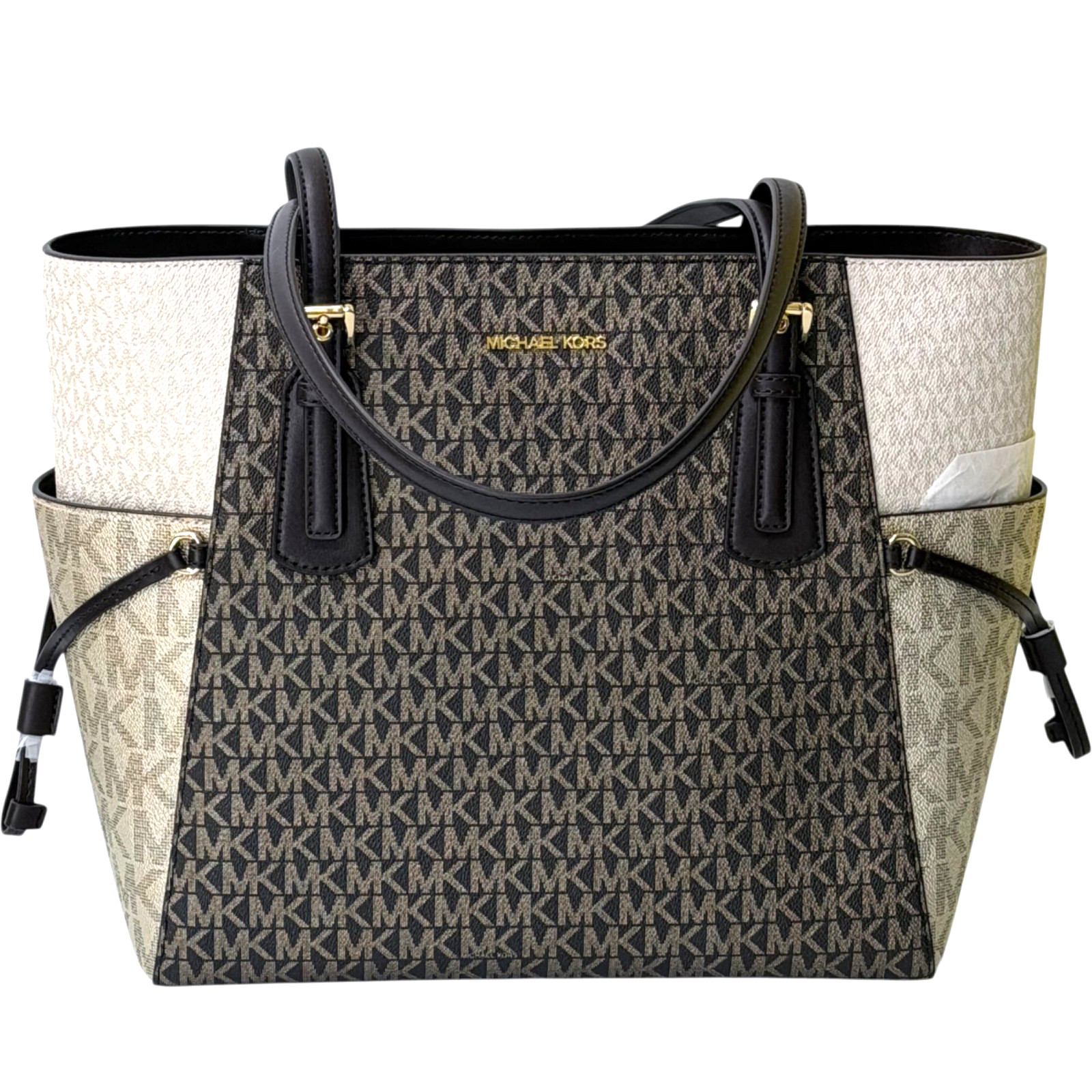 Michael Kors Voyager Large Tote MK Logo Signature Bag + Wallet Set Brown Multi