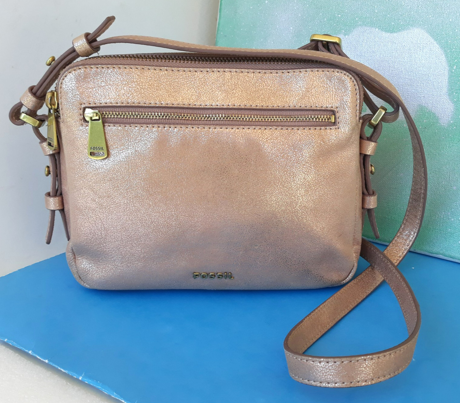 Fossil Piper Toaster Rose Gold Leather ~Crossbody Bag Purse ~ 2 Zip Compartment