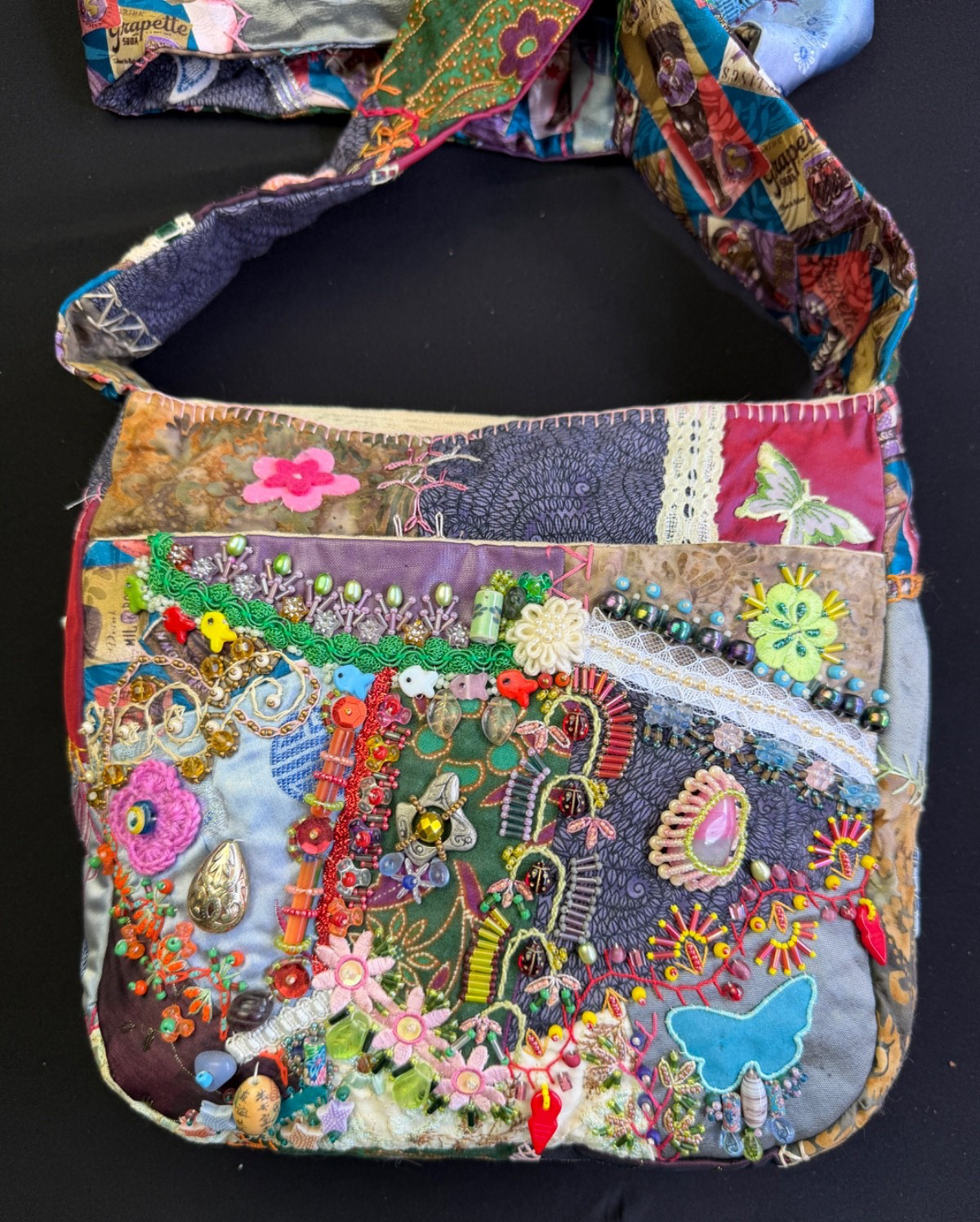 Handcrafted Boho Crazy Quilt Beaded Crossbody Bag Mixed Media Art to Wear Purse