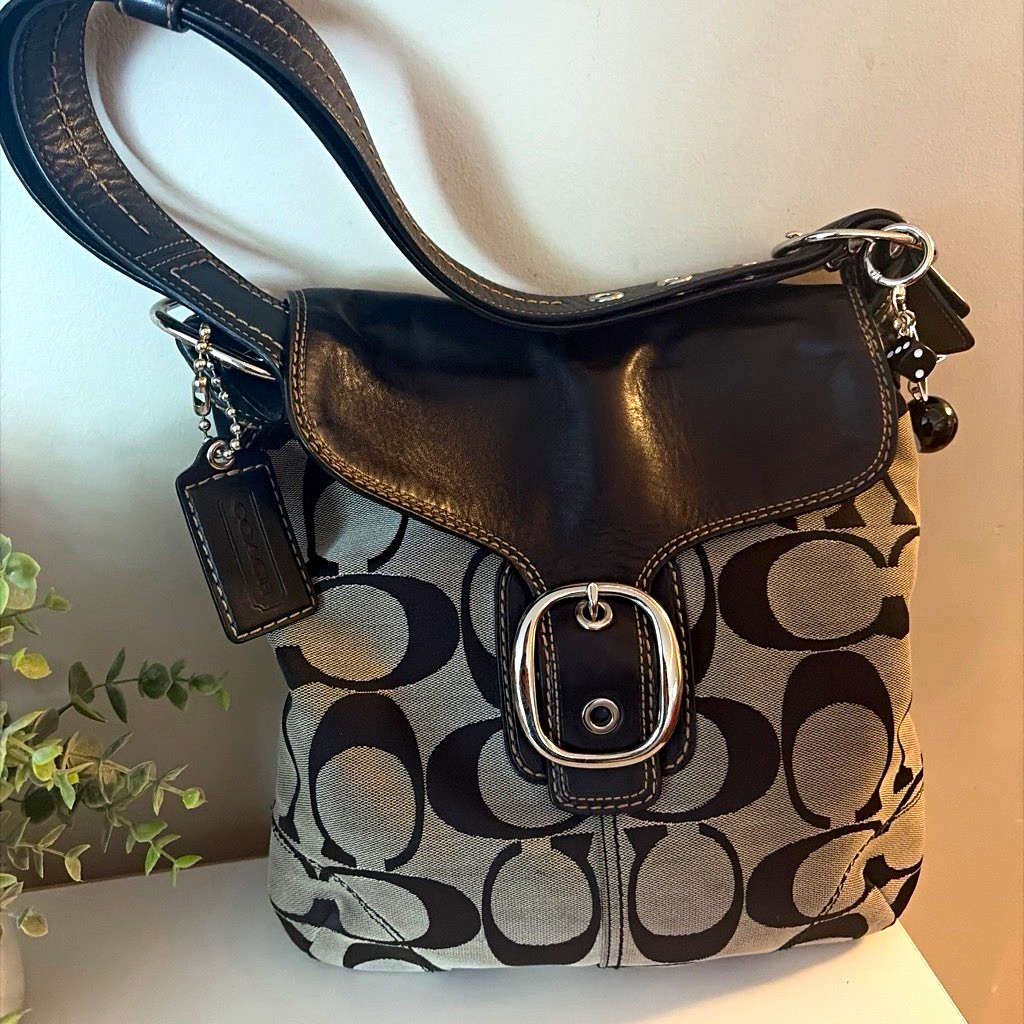 Coach Black/Gray Signature Logo Shoulder Bag Silver Hardware Buckle