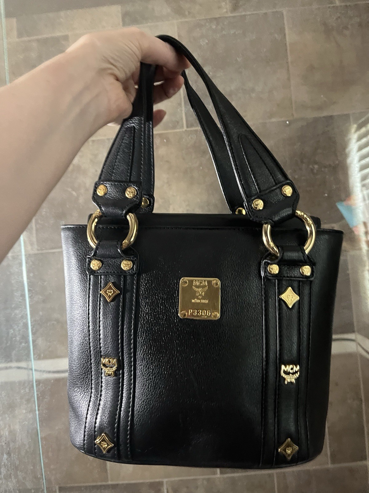 MCM Black Leather Munchen Studded Satchel Tote Bag