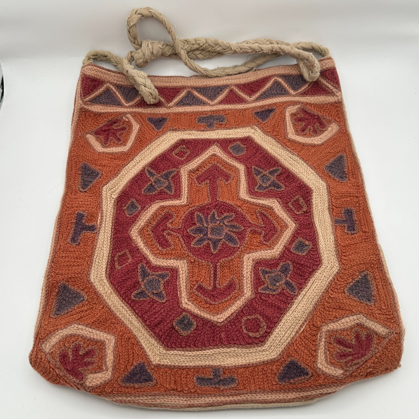 World Market Tote Bag Wool Blend Orange Red Woven Handmade Hippie Ethnic Boho