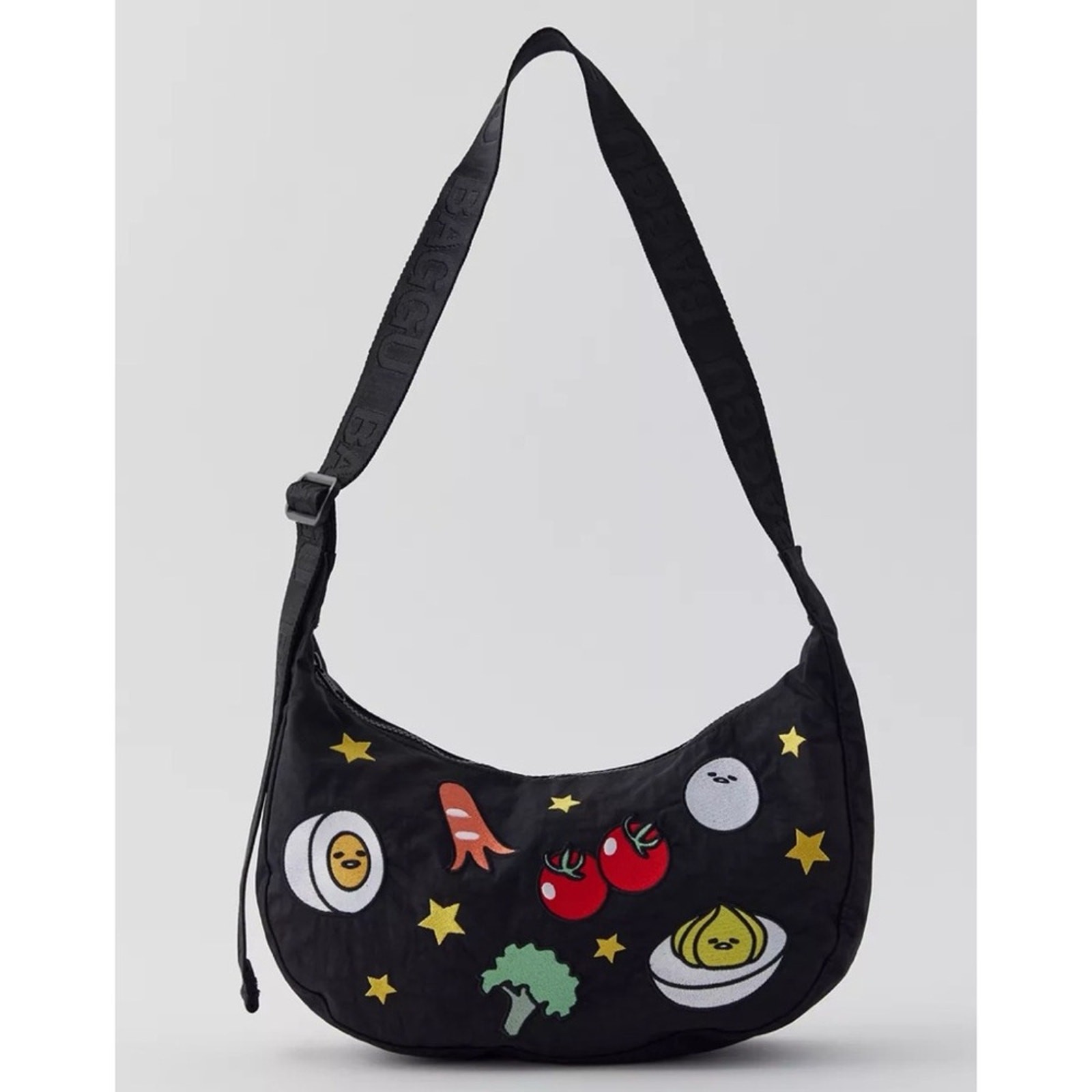 NEW BAGGU x Gudetama Medium Nylon Crescent Bag Embroidered Black Crossbody