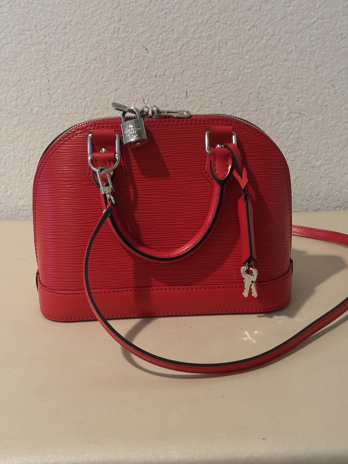 Louis Vuitton Red Epi Dome Satchel Top Handle Zip Crossbody Strap Lock Keys