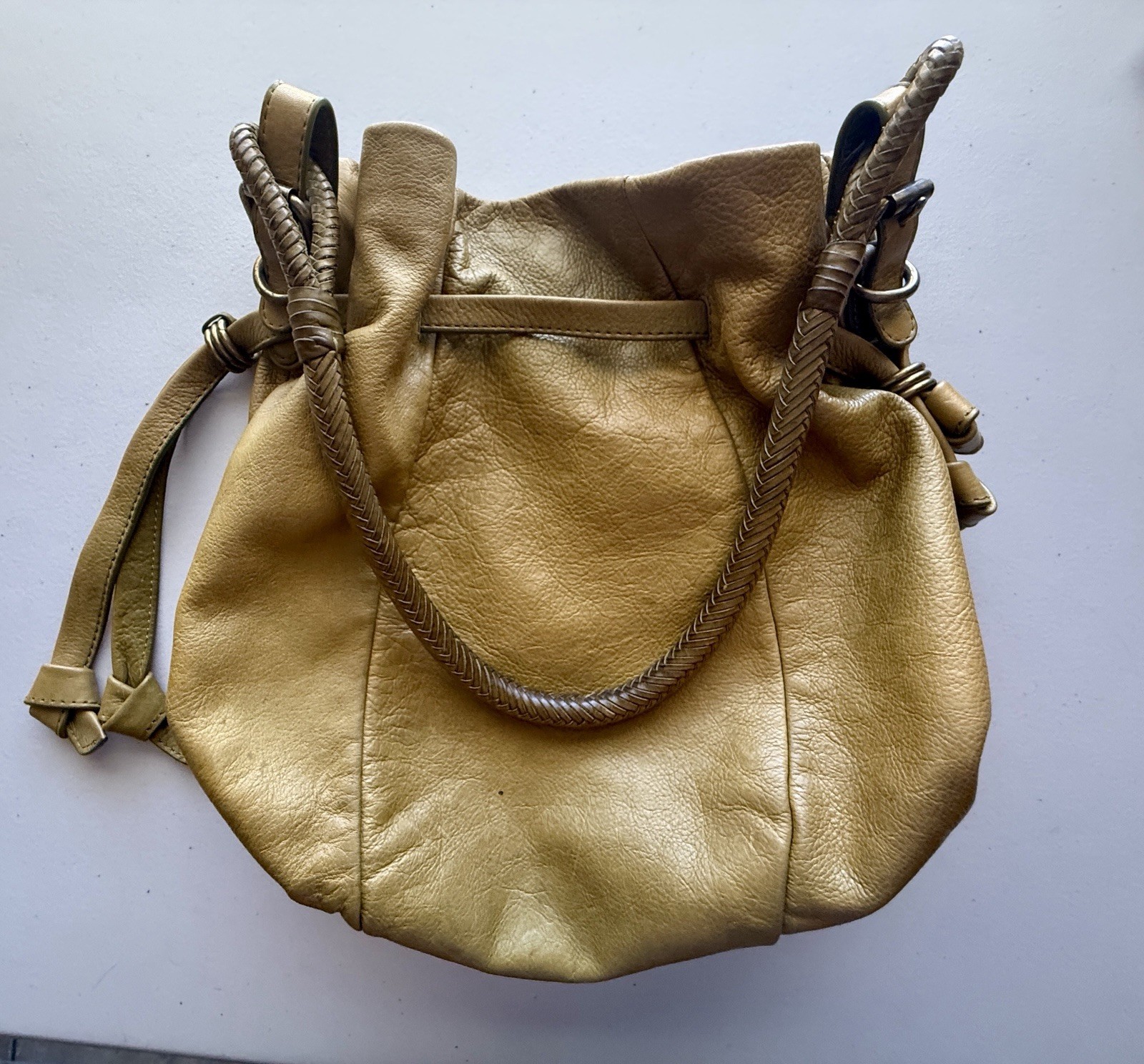 Elliott Lucca Olive Pebbled Soft Leather Hobo Shoulder Bag Woven Handle Boho
