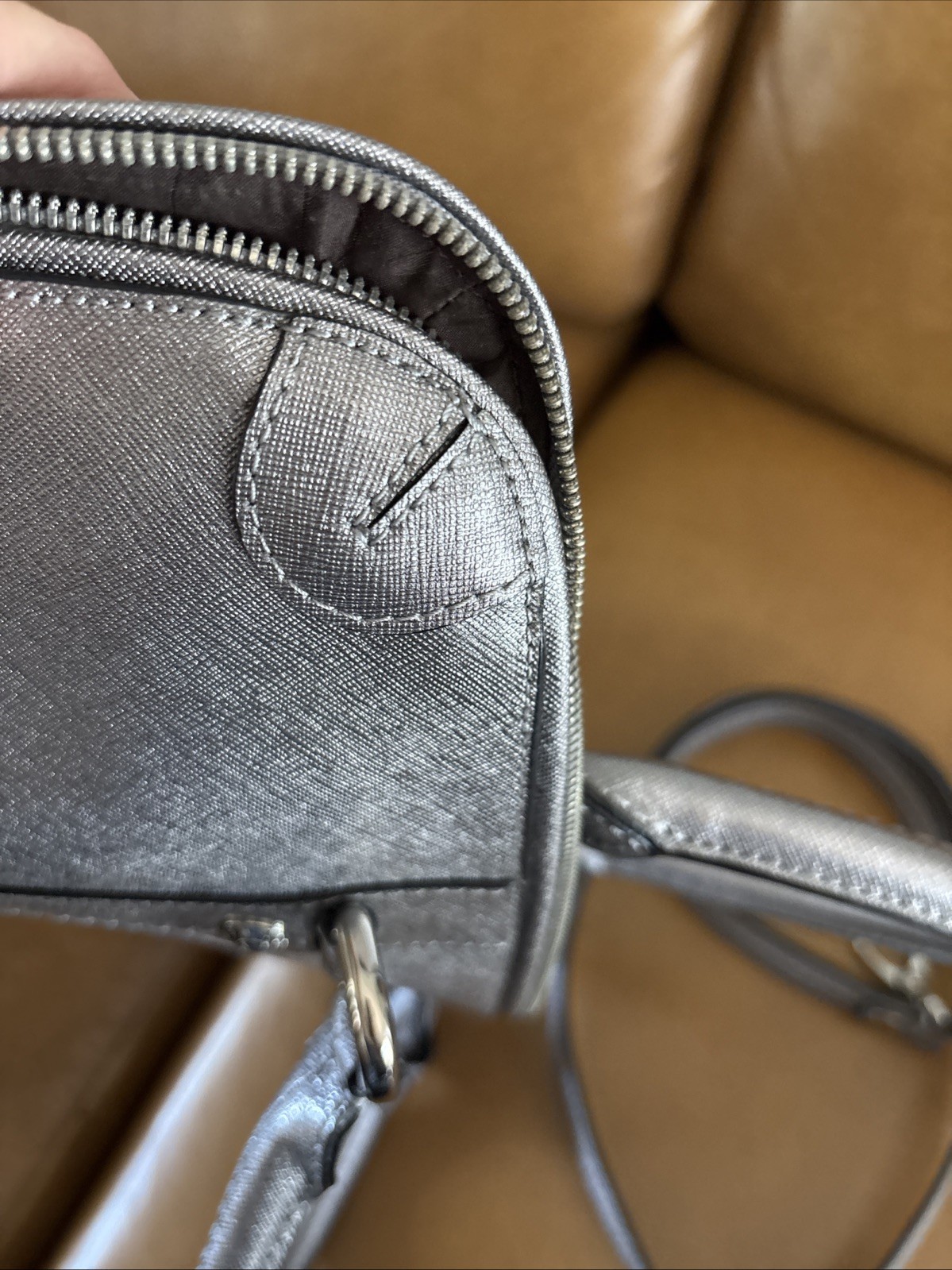NWOT RARE Henri Bendel West 57th Metallic Silver Saffiano Leather Briefcase Bag