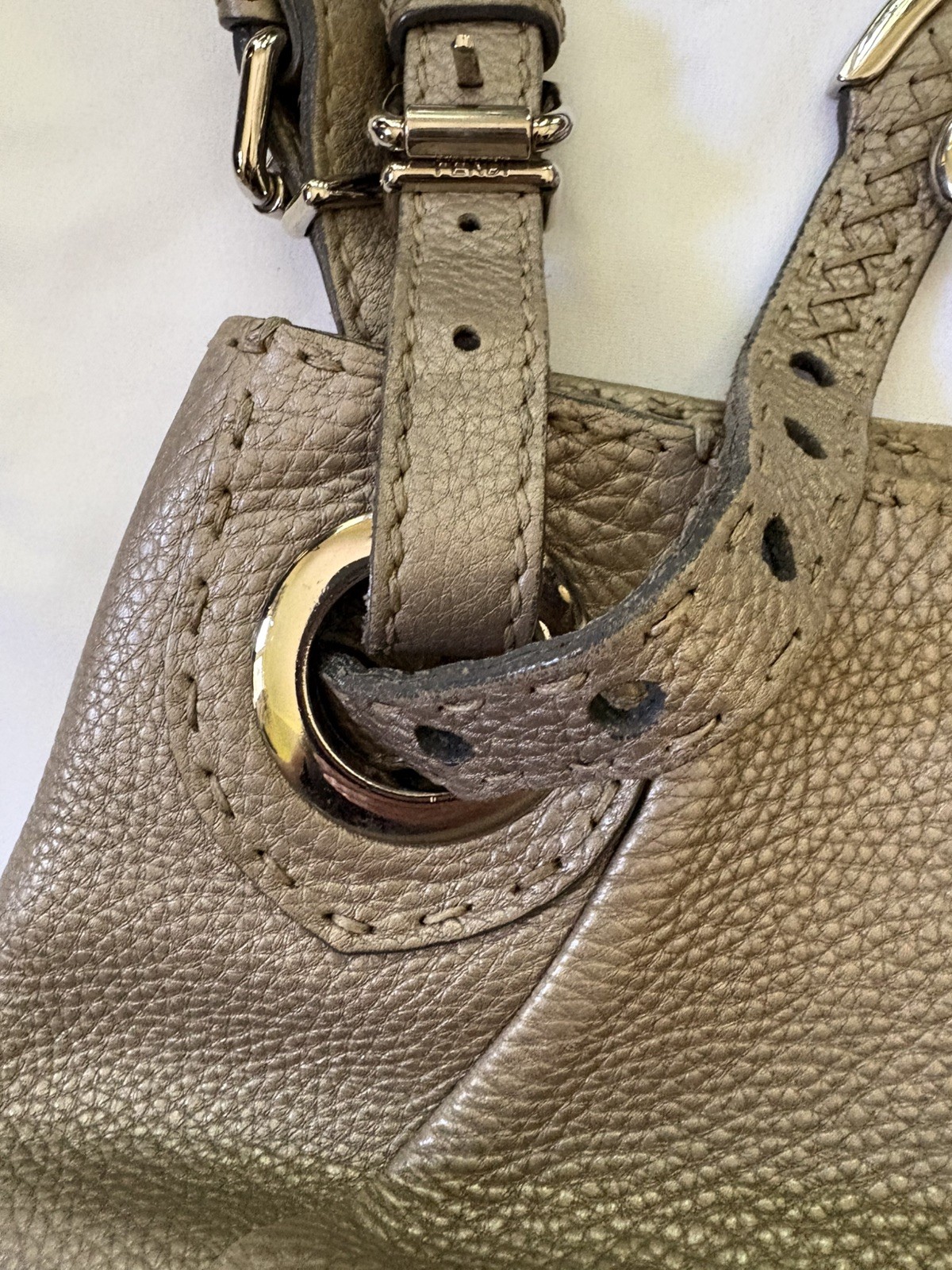 Vintage Fendi Selleria Pomodorino Tote Handbag in Metallic Gray Pebbled Leather