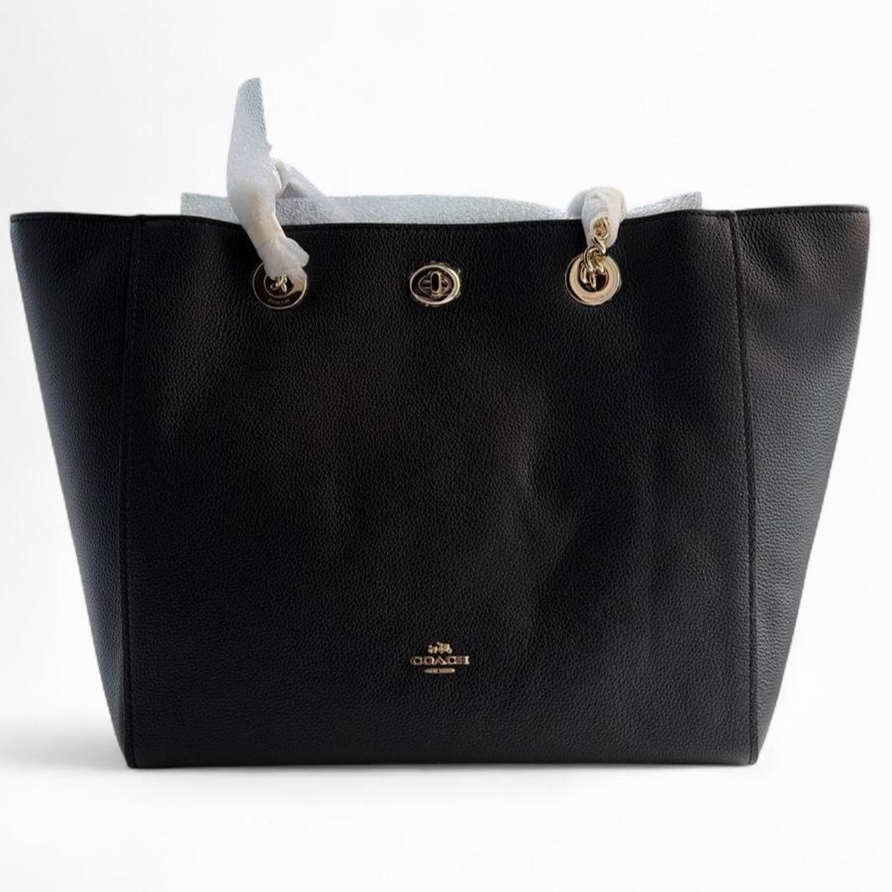 Coach Large Black Tote Shoulder Bag Gold Chain Strap Turn Lock Zip Bag