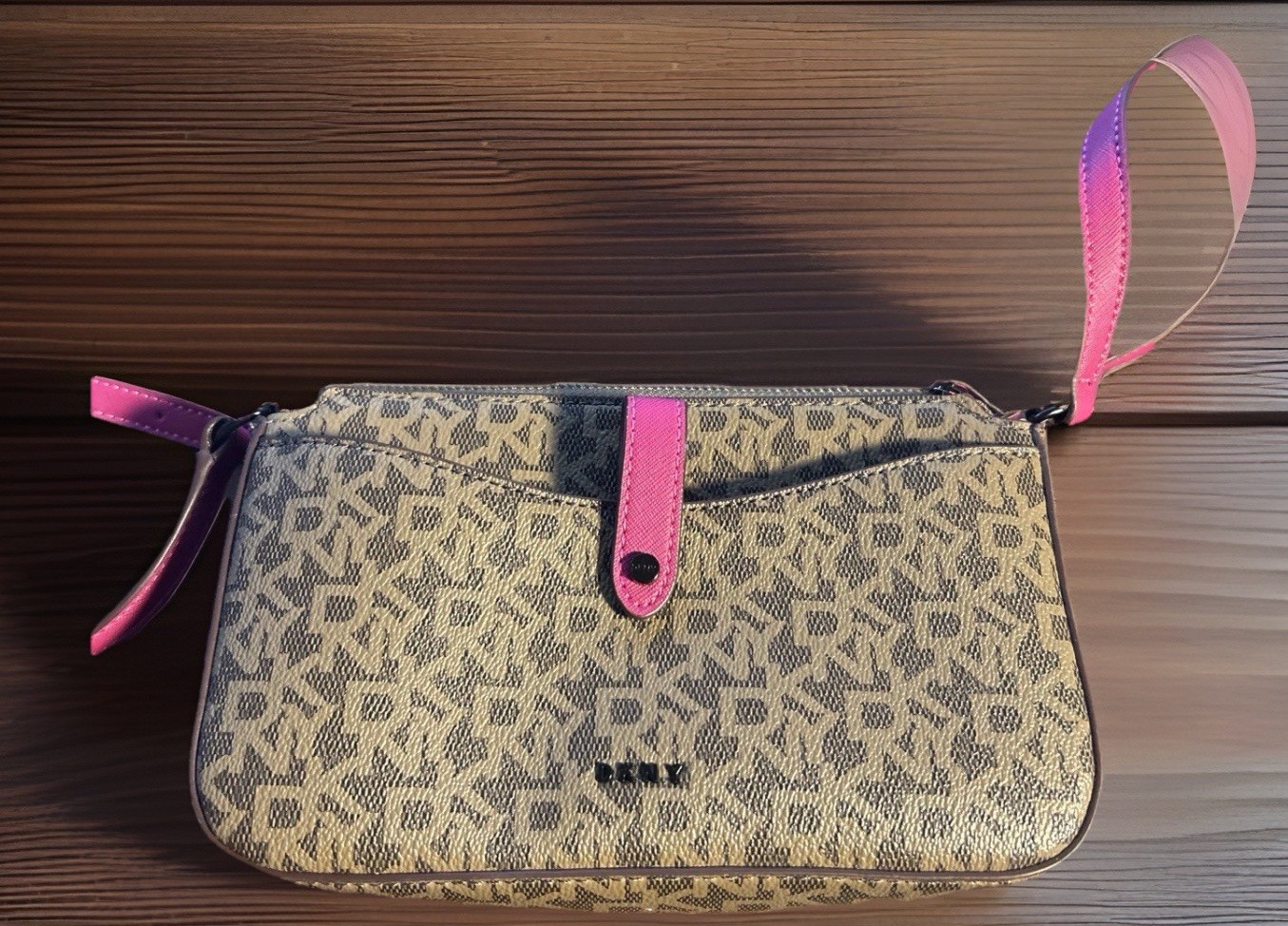 DKNY Donna Karan Monogram Pochette Wristlet Bag Pink Leather Trim Y2K Style