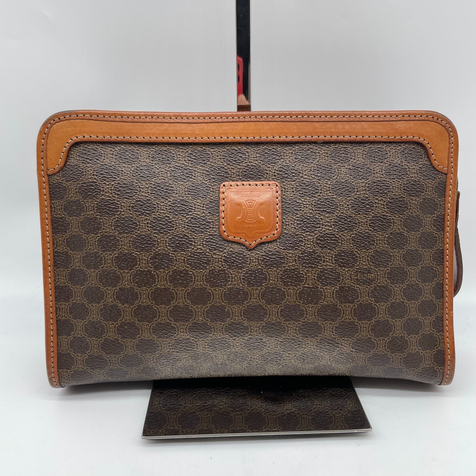 Celine Clutch Bag Brown Macadam Triomphe Leather Leather PVC Pouch Y2K Auth