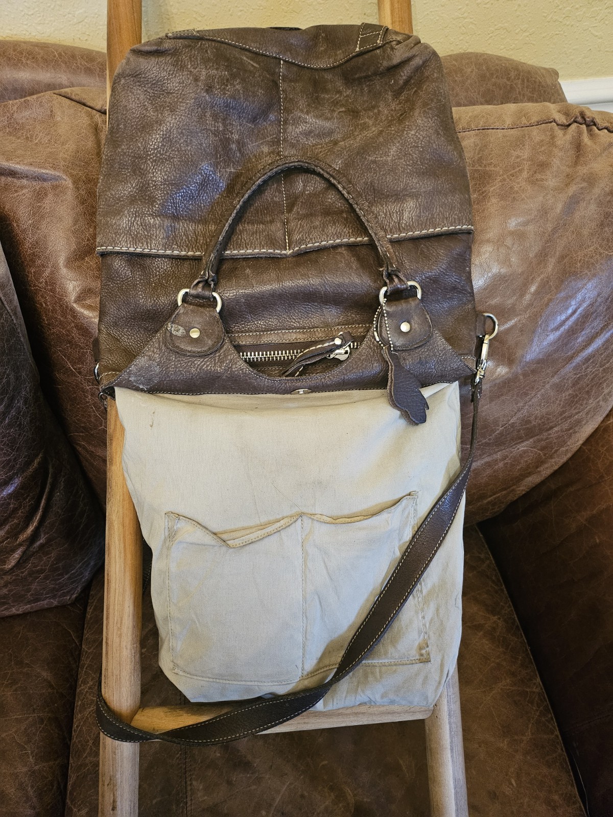 Roots Original Brown Large Satchel Convertible Shoulder Bag Zip/Magnetic