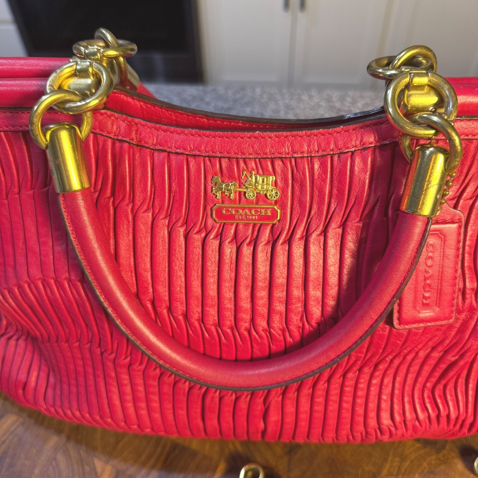 Coach Madison Gathered Leather Sophia Satchel Red Handbag 18620 Brass Hardware
