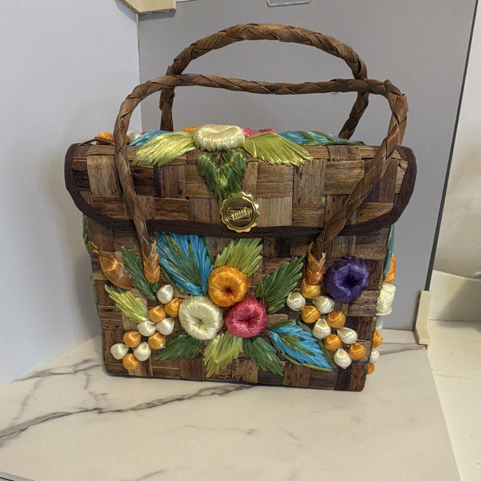 Vintage Woven Wood Top Handle Bag Raffia Floral Turn Lock Lined w/ Box