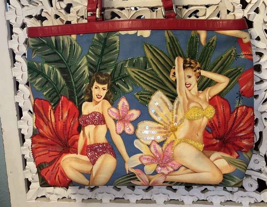 Isabella Fiore Rare Bag Beaded Vintage Hawaiian Pin up Girls Floral Purse 14×10
