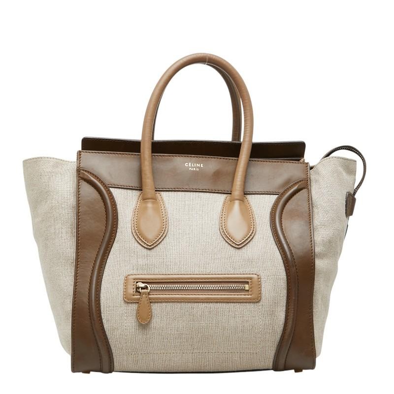 Celine Luggage Mini Shopper Beige Brown Canvas Leather Tote Bag Auth