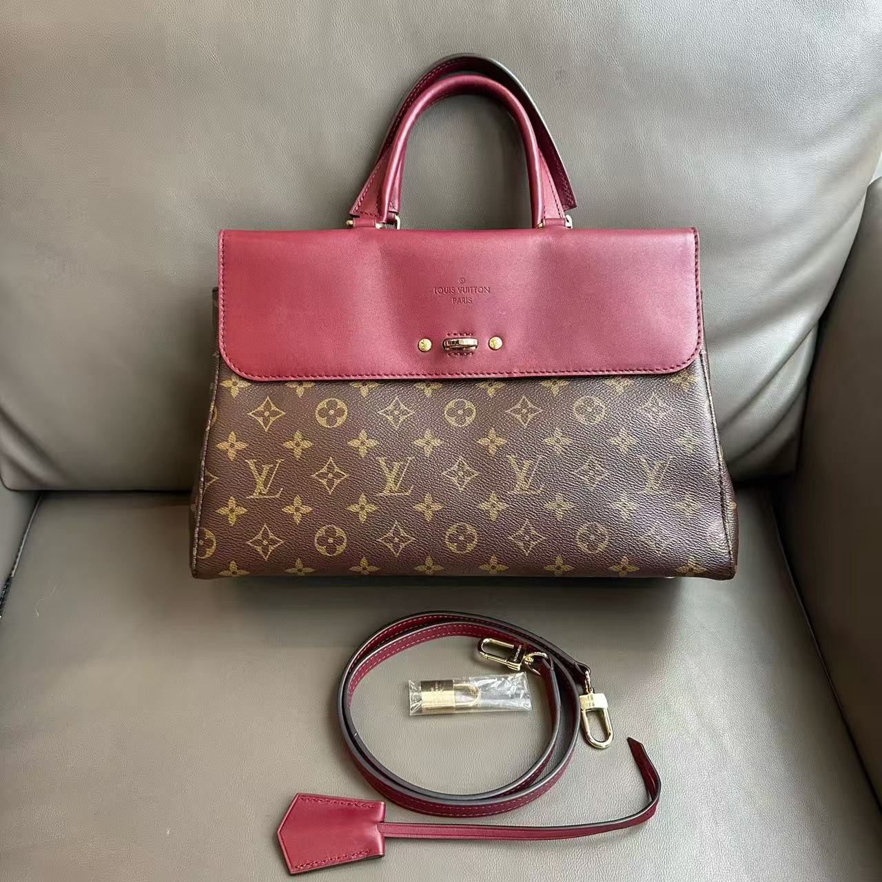 Louis Vuitton Venus Medium Flap Satchel Handbag Burgundy Calfskin MonogramCanvas
