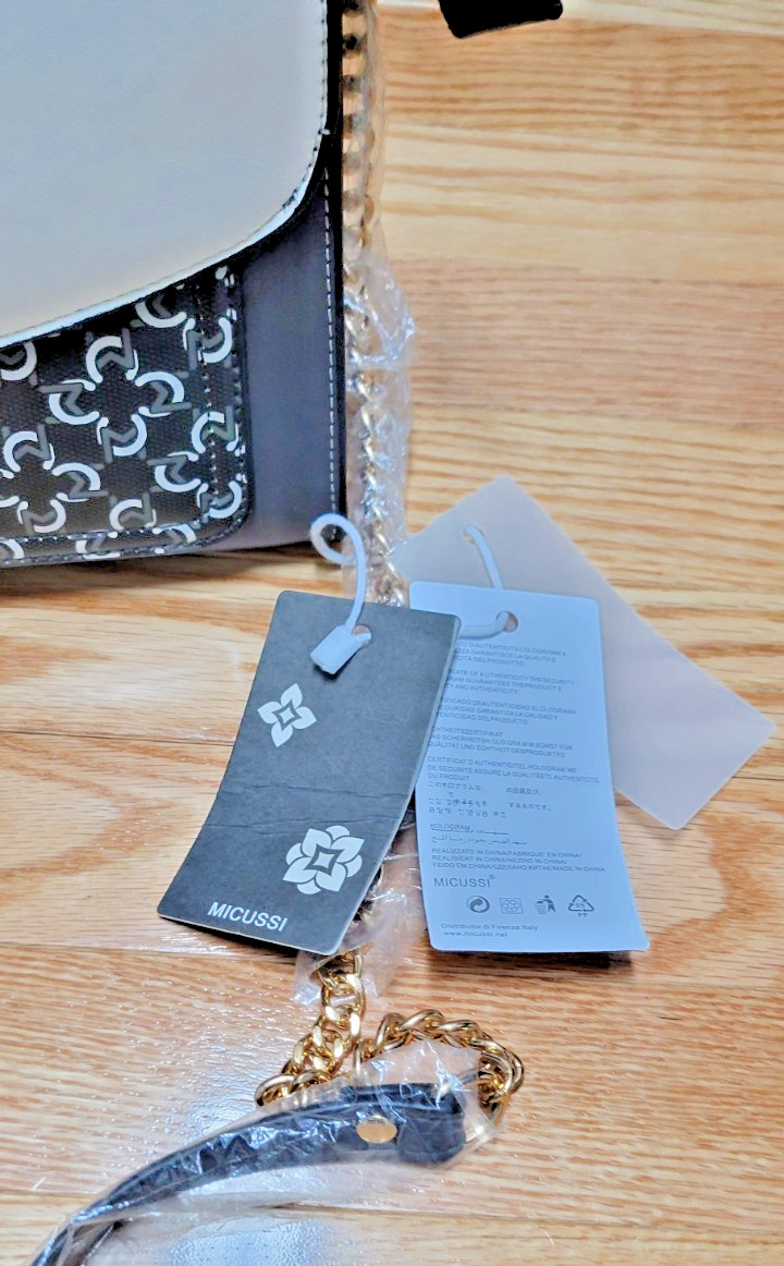 NEW w/Tags -Micussi Hand or Shoulder Bag- Gray, Ivory & Black w/Gold Chain Strap