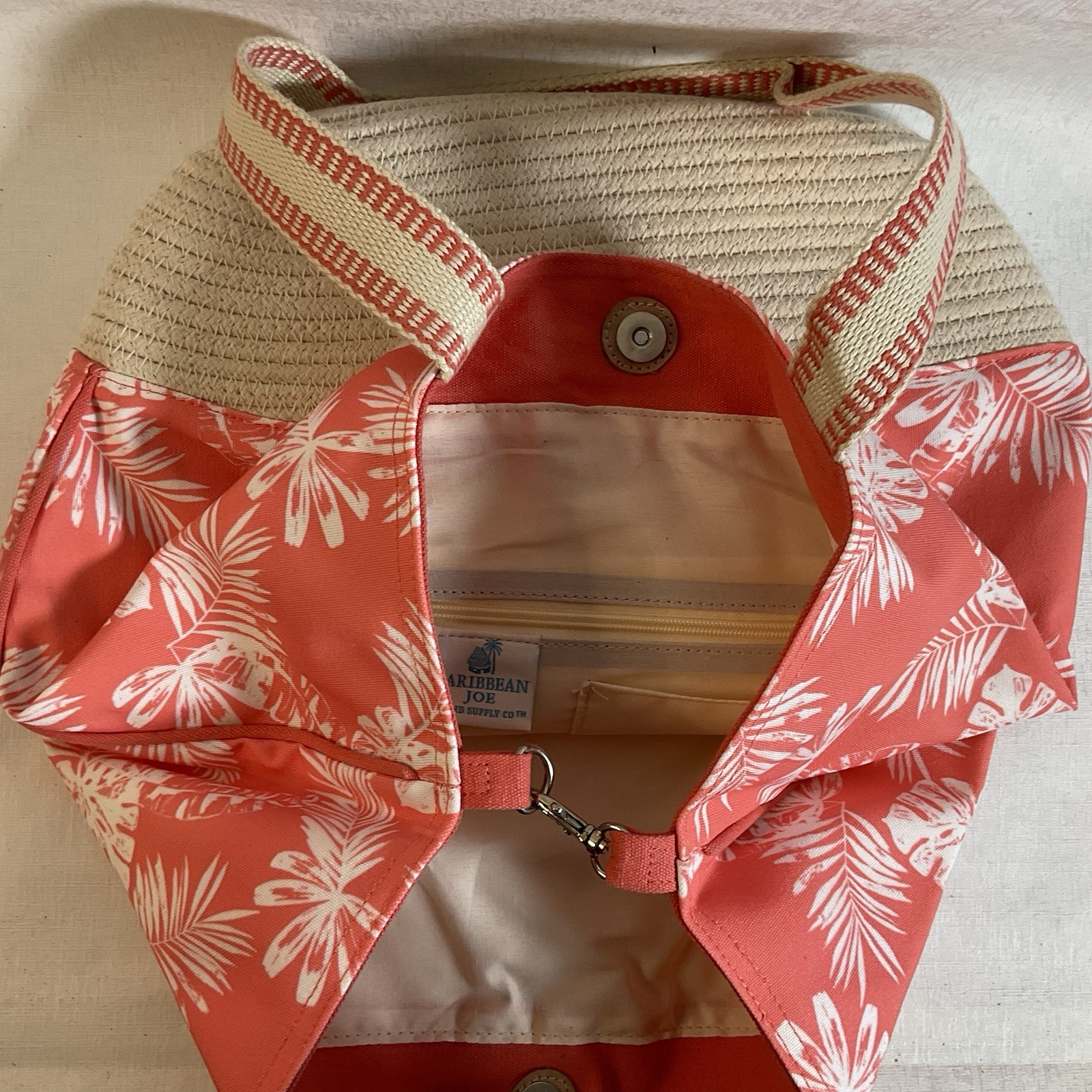 Caribbean Joe Coral/Beige Tropical Tote w/ Pouch, Magnetic/Zip, Lined Pockets