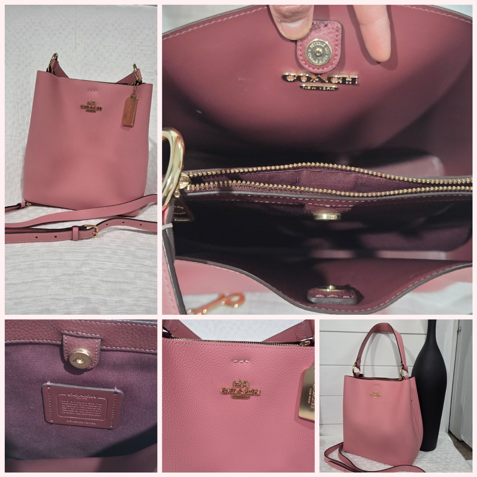 Coach Pink Pebbled Shoulder Bag Zip Closure Detachable Strap Hang Tag Gold