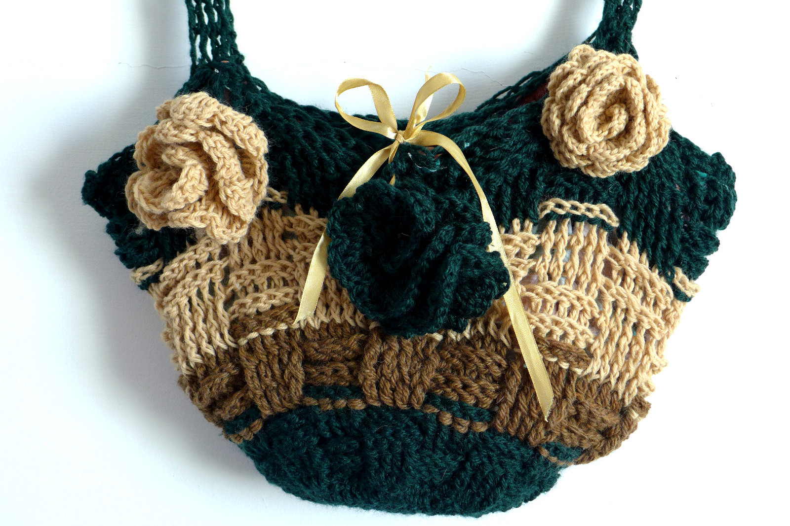 Womens Bag Handmade Crocheted Acrylic Wool With Flowers 12×20 inch Pocket Inside