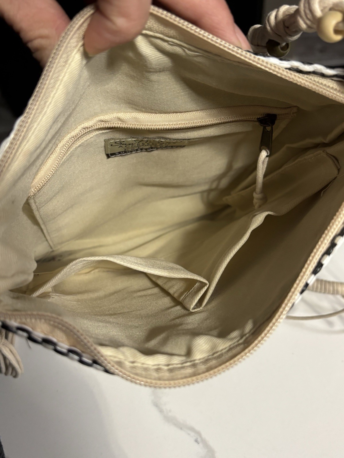 SUN ‘N’ SAND Beige White Black STRIPED Beaded POLY CANVAS CROSSBODY PURSE