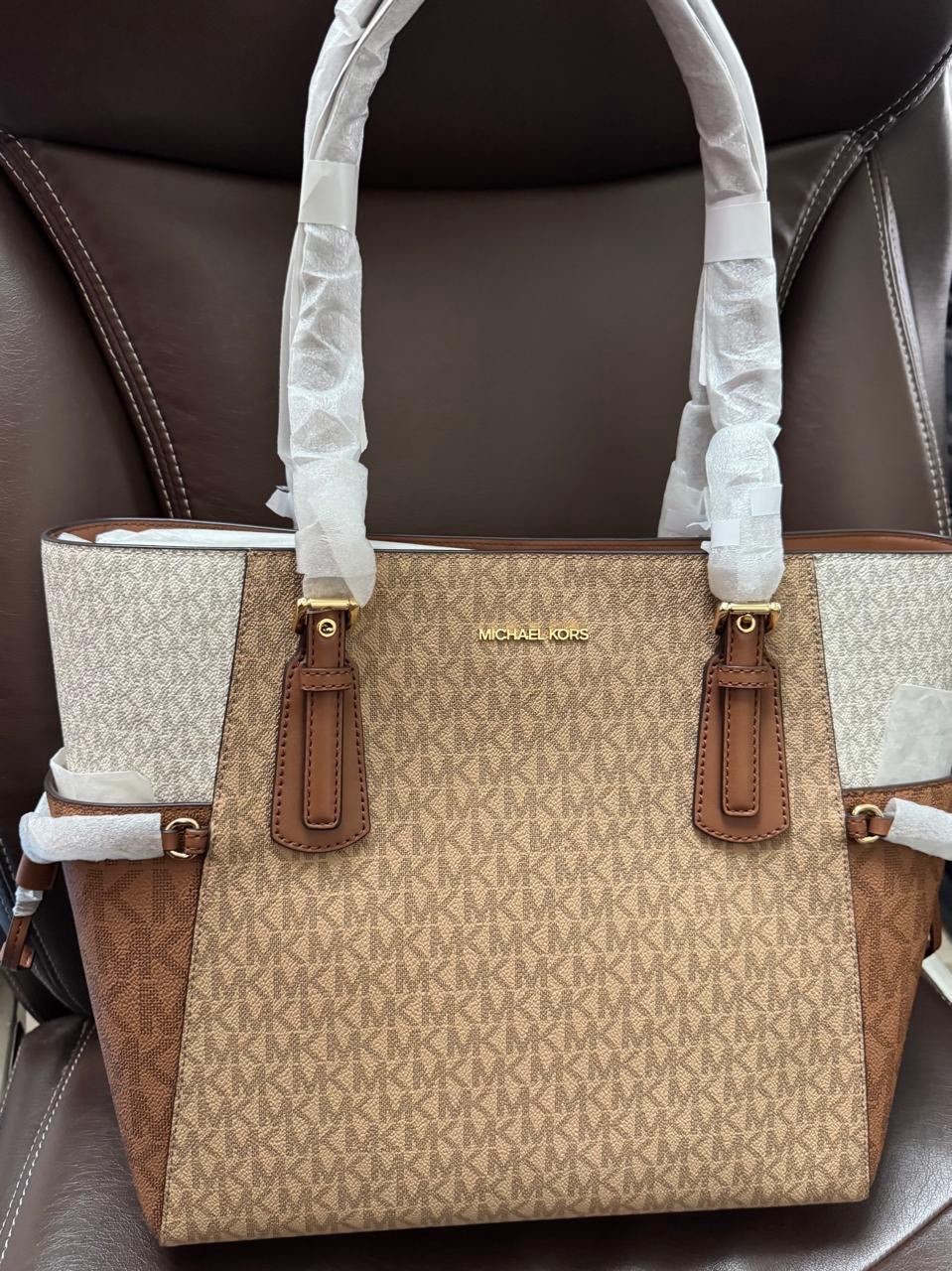 Michael Kors Voyager Large Camel Multi Color-Block Signature Logo Tote Bag