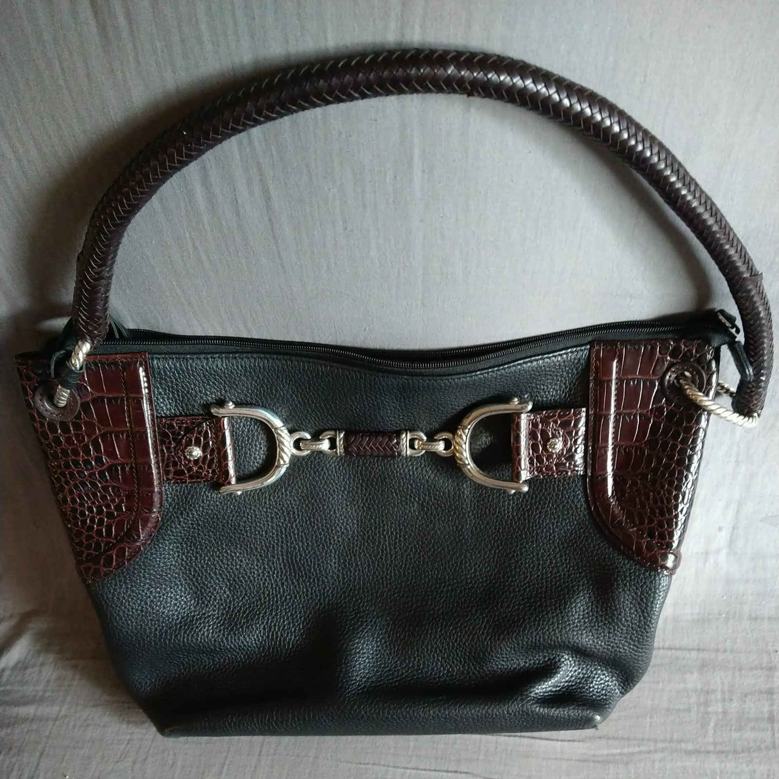 Brighton Leather Shoulder Bag Black &Brown Embossed Horse Bit Hardware