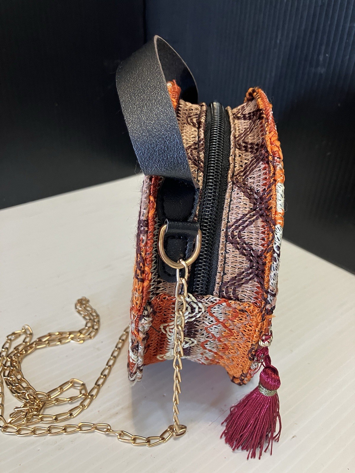 New Embroidered Crossbody Hat Box Bag Tassel Boho Purse Clutch Strap & Chain