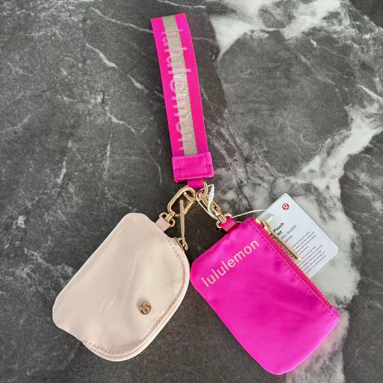 Lululemon Athletica Dual Pouch Wristlet Keychain Wallet Gold and rose red