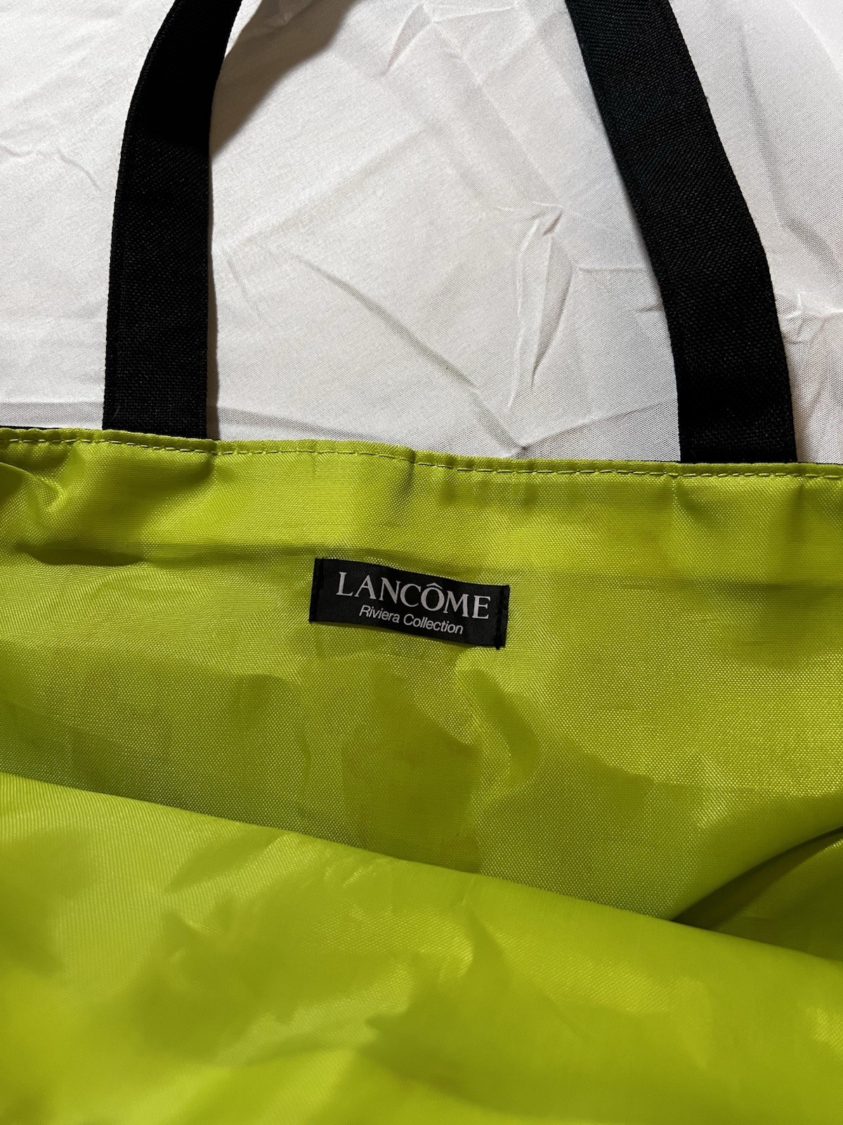 LANCÔME Riviera Collection Black Tote Bag w French Theme, Lime Green Interior