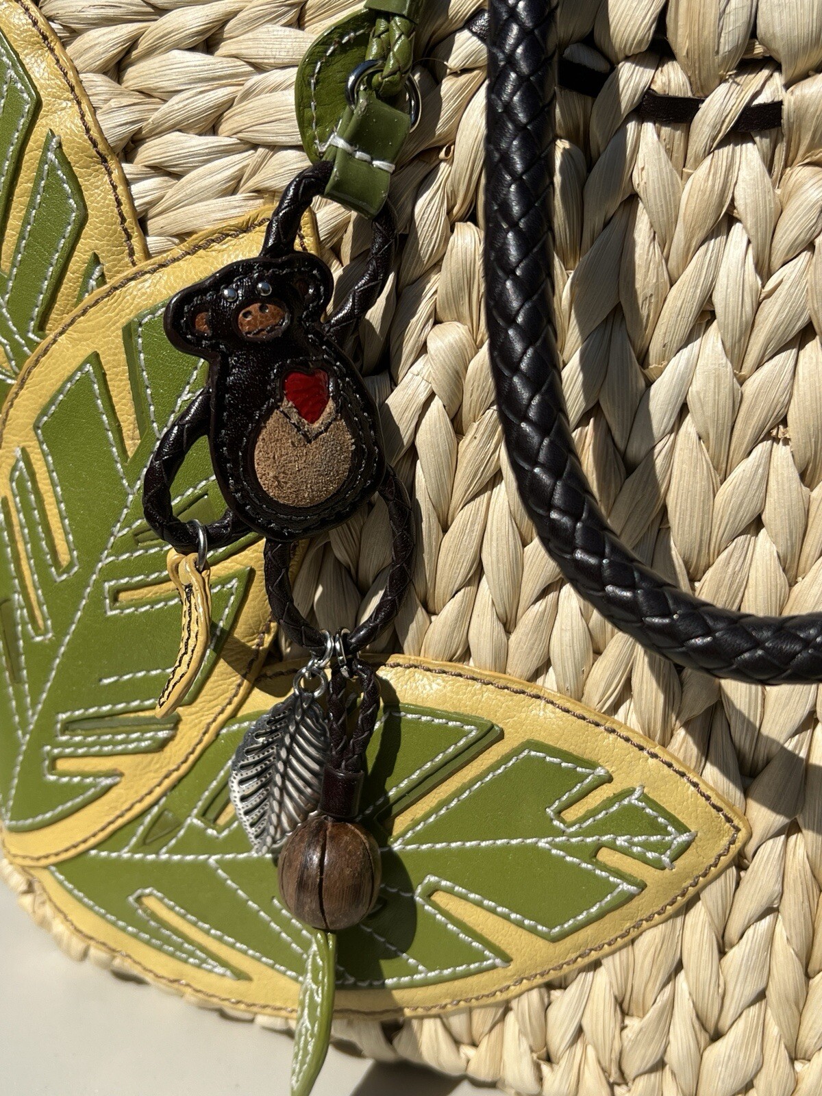 BRIGHTON MACY MONKEY HEART CHARMED TROPICAL LEATHER APPLIQUE SHOULDER HANDBAG