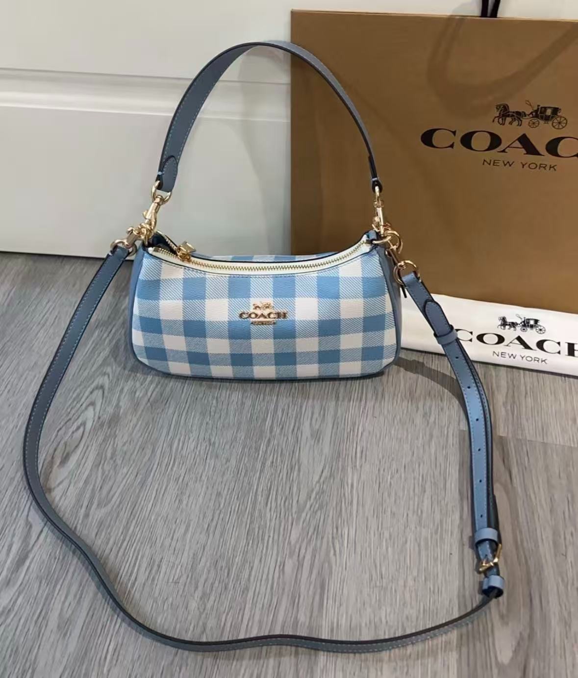 Coach Teri 25 Gingham Check Shoulder Bag Blue White Canvas Handbag