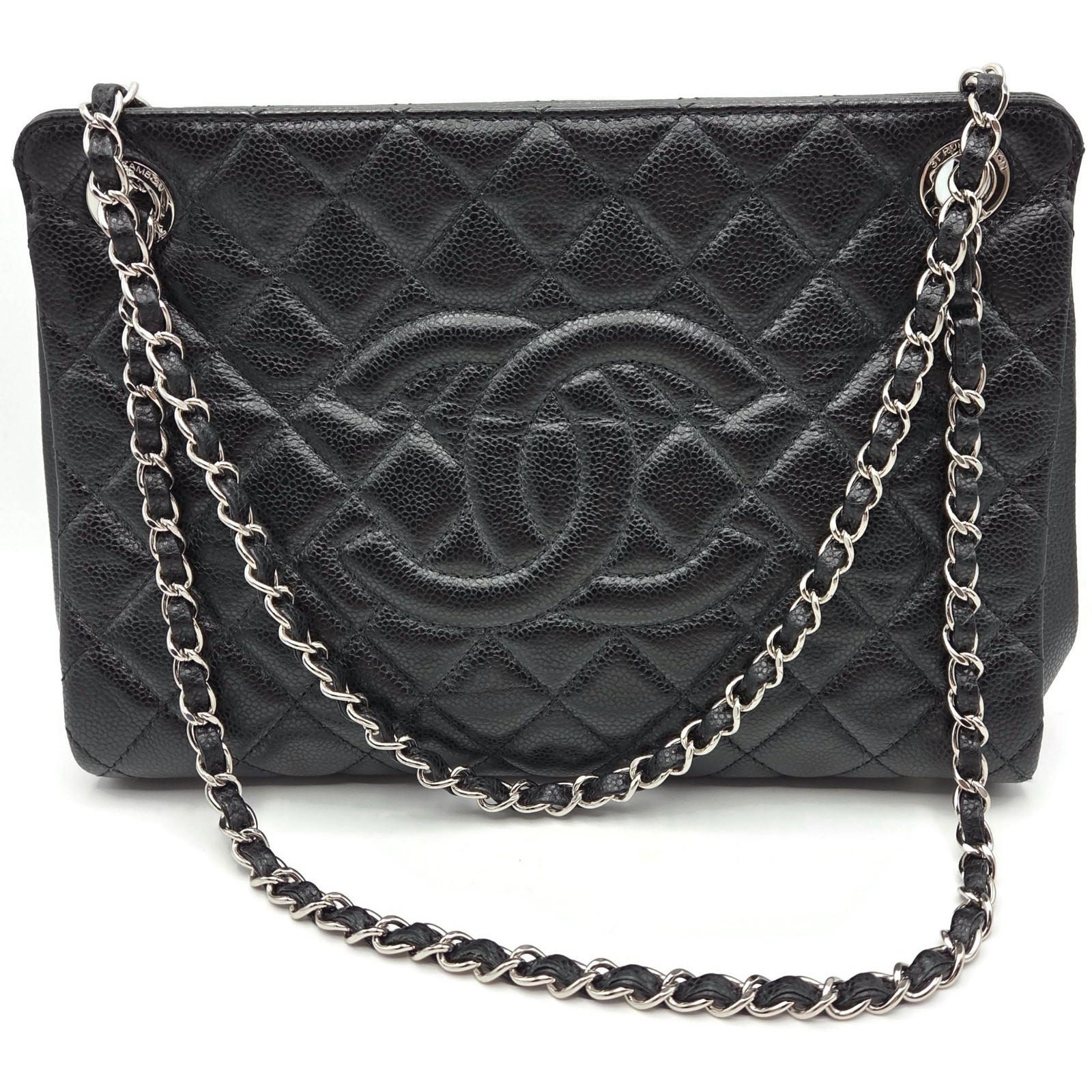 Chanel Grand Shopping Tote Handbag Black Caviar Leather Silver Hardware 13C GST