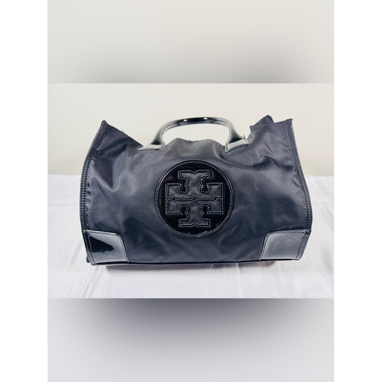Tory Burch Ella Mini Tote Black Nylon Patent Leather Trim Handbag Logo Bag