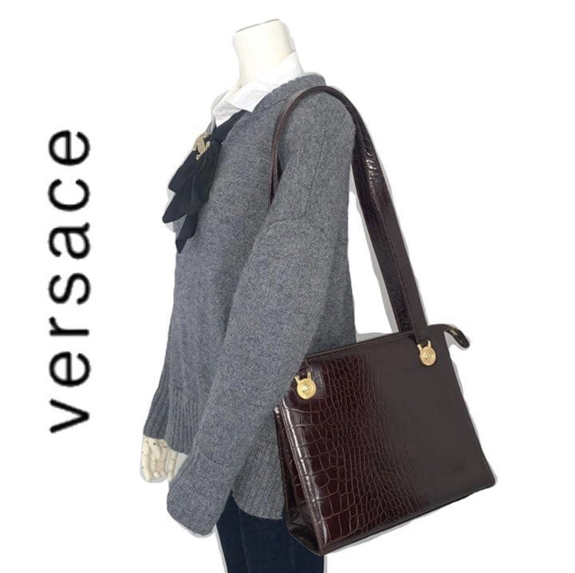 Versace Leather Tote Bag Brown Vintage Classic Medusa Elegant