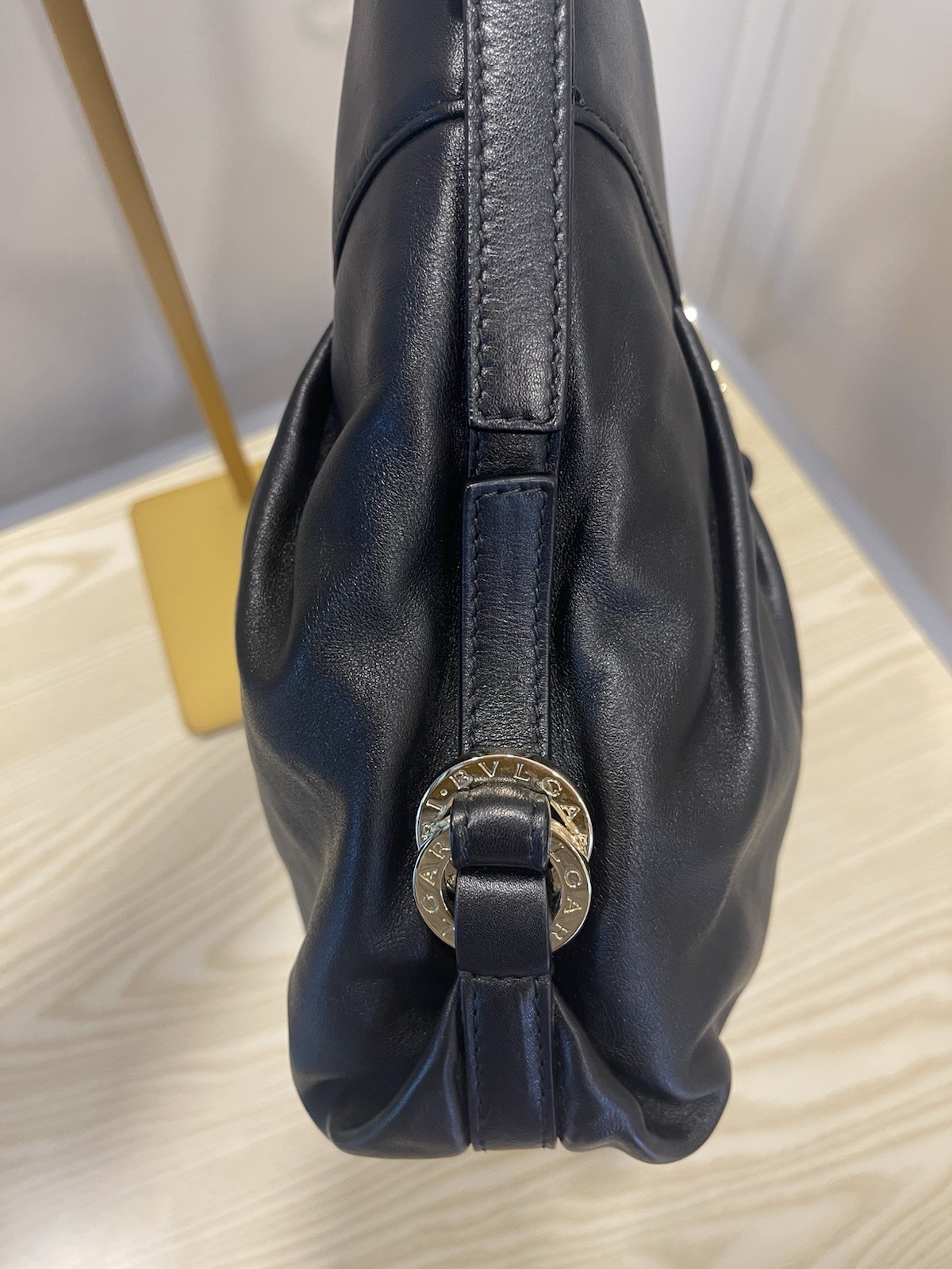 BVLGARI Women’s Black Shoulder Bag Gold Hardware Logo Buckle Zip Detachable