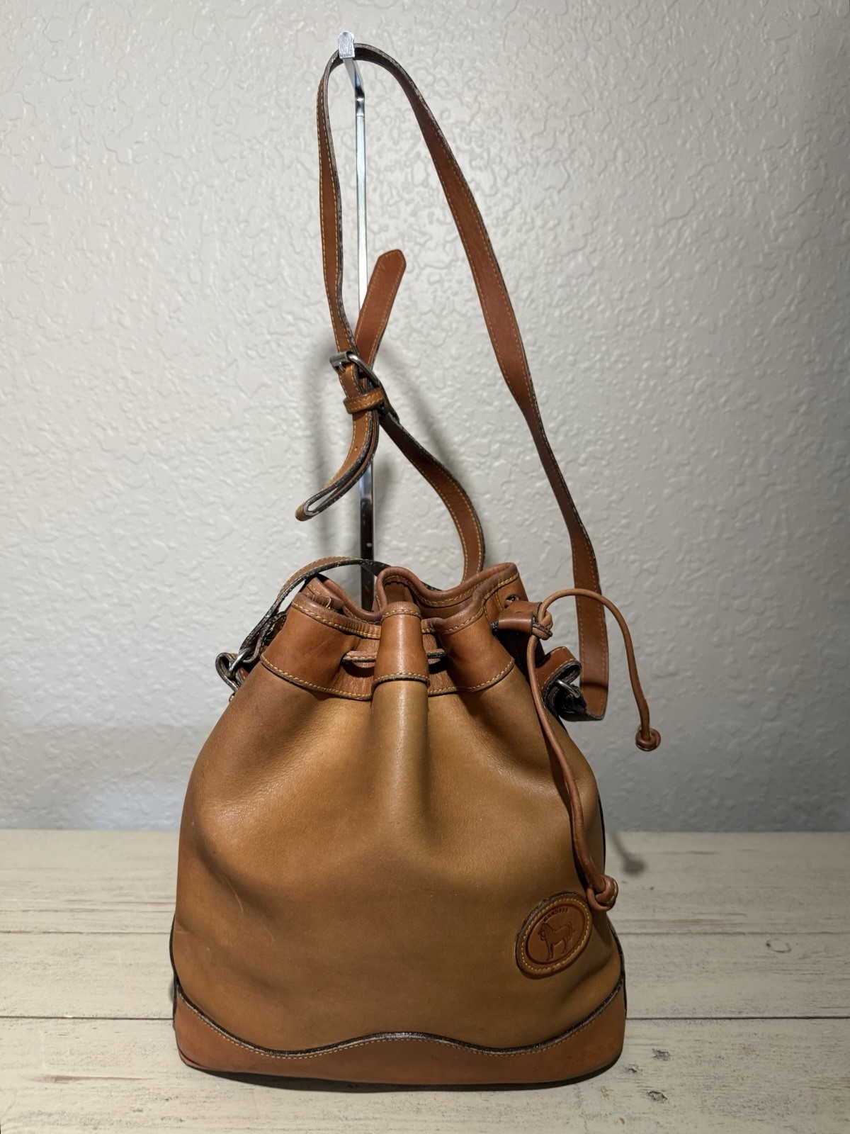 Vintage Harness Leather Drawstring Bucket Bag – Rustic Cognac Leather Crossbody