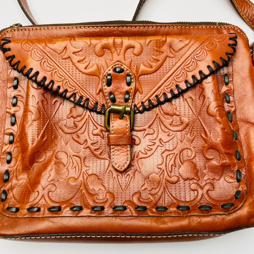Patricia Nash Tooled Leather Crossbody Bag Tan Cognac Whipstitch Flap Purse