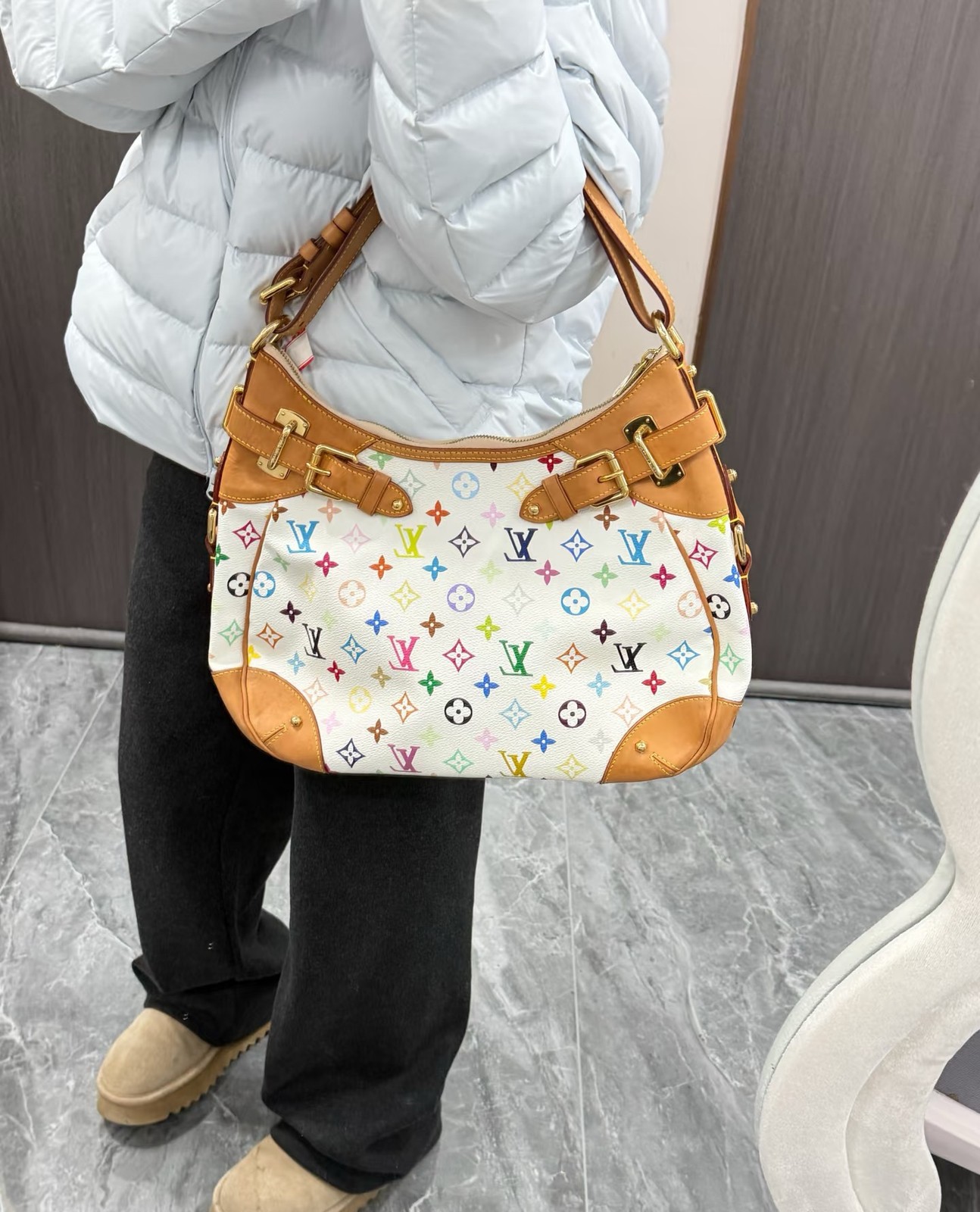 LOUIS VUITTON Greta Multicolor White Hobo Shoulder Bag Murakami Leather Auth