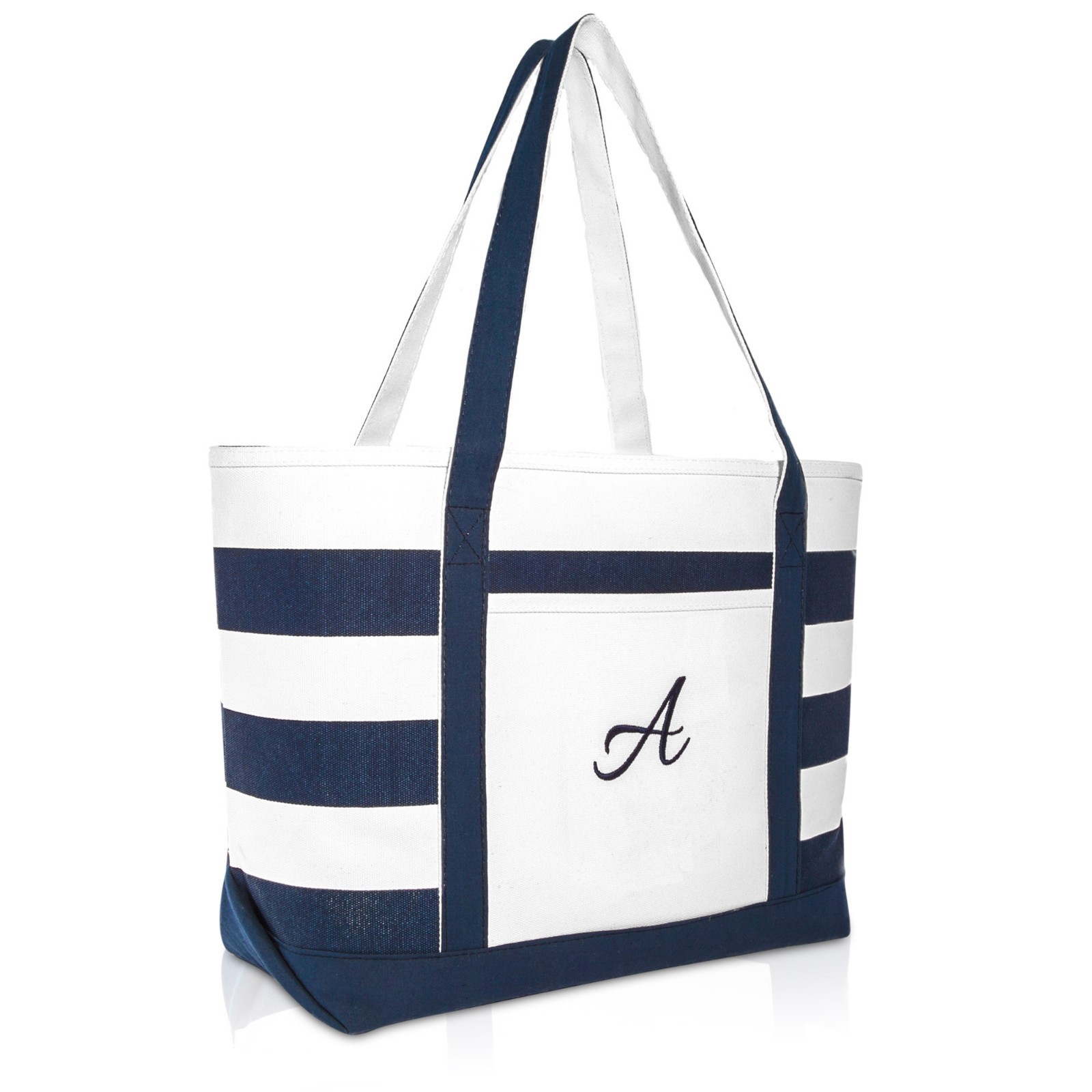 DALIX Premium Beach Bags Striped Navy Blue Zippered Tote Bag Monogrammed A-Z
