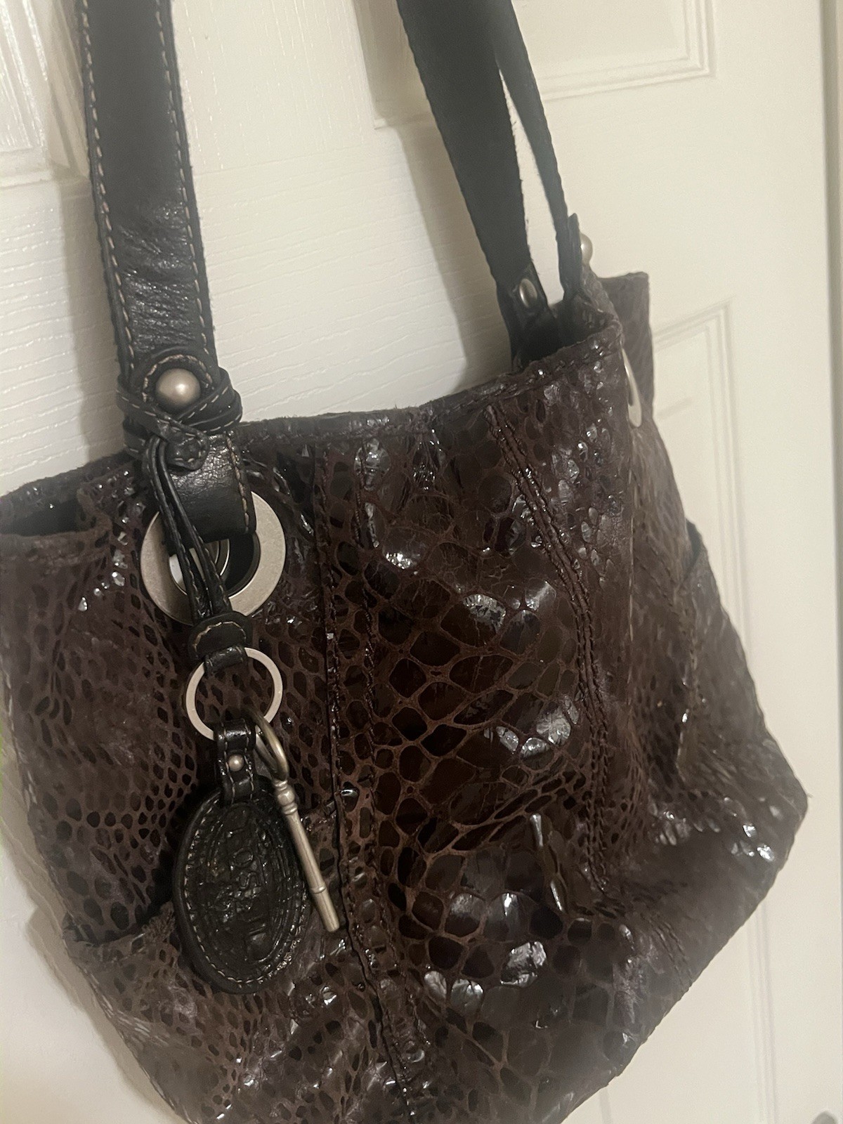 Fossil Hathaway tote Y2K bag, brown, shiny snakeskin print leather,BohoChic