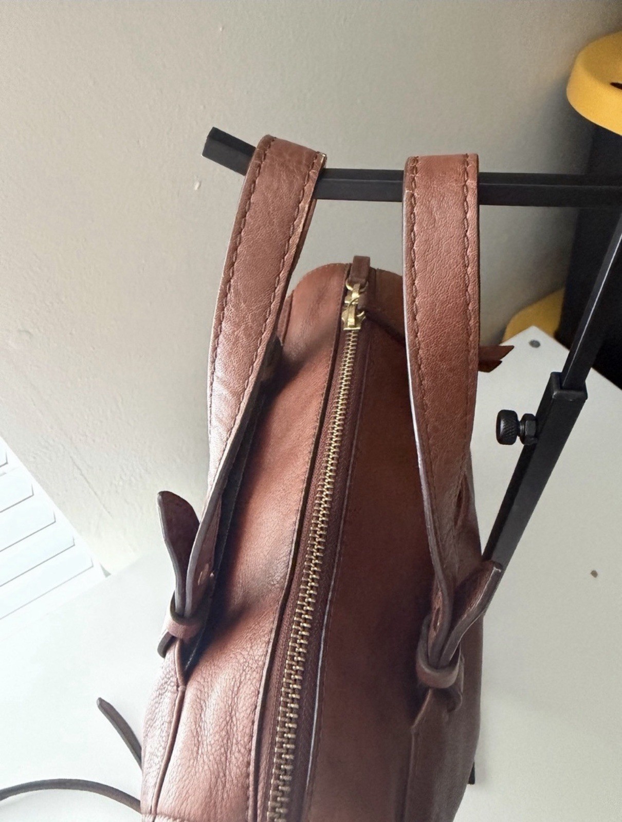 Fossil Brown Pebbled Satchel Top Handle Zip Detachable Strap Gold Hardware